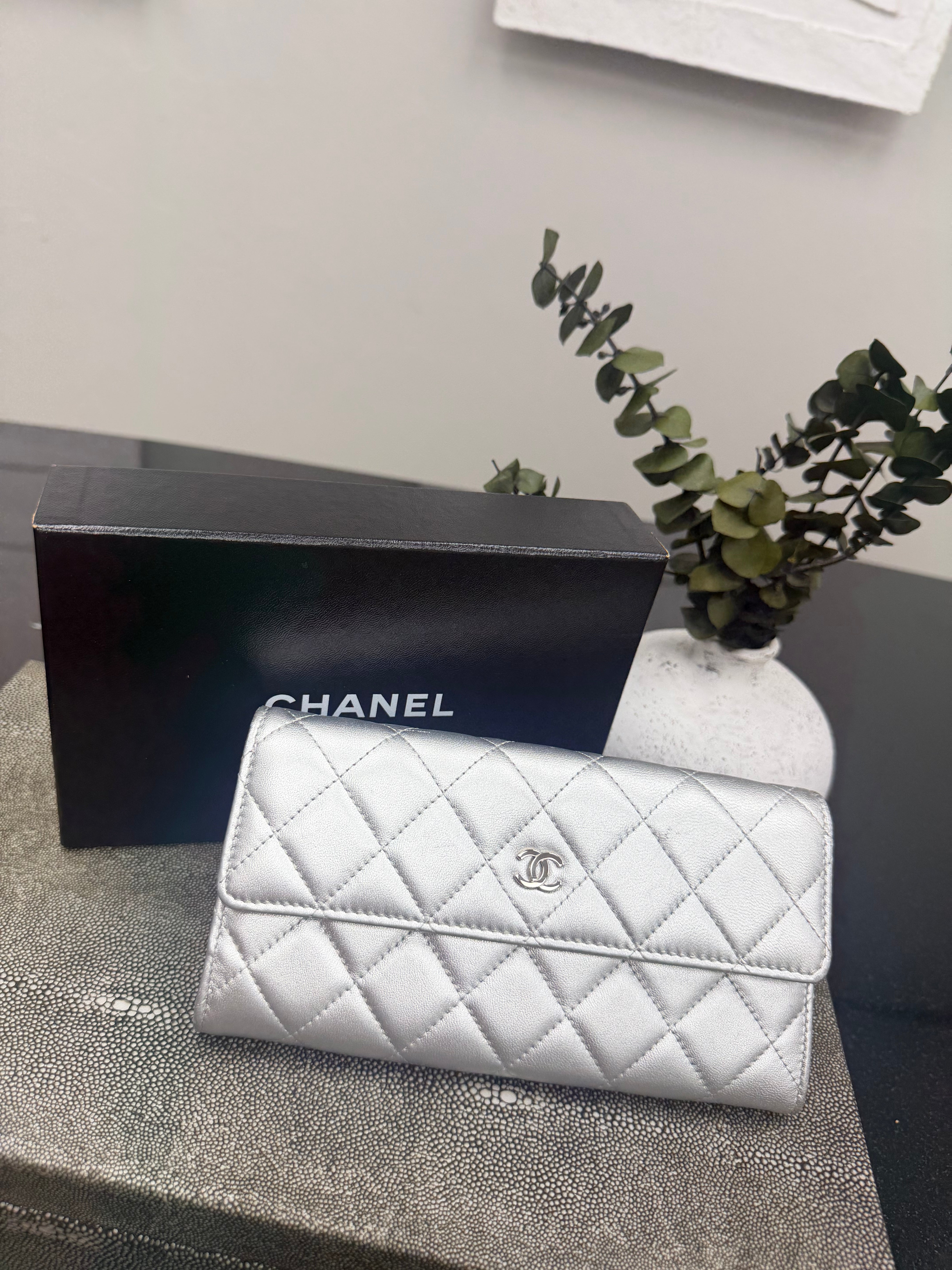 Chanel Silver Quilted Leather Flap Wallet