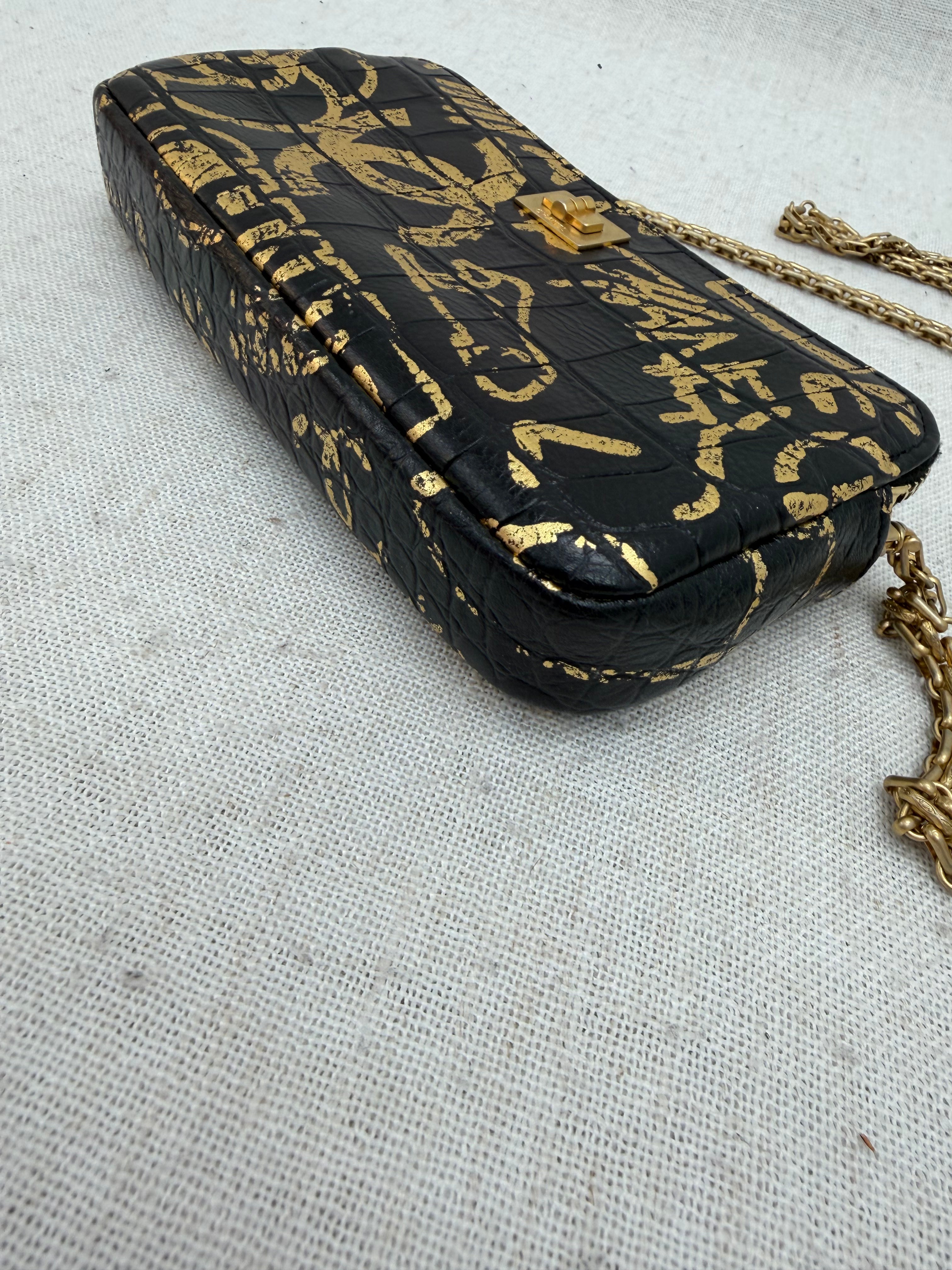Chanel Black & Gold Graffiti Croc Embossed Double Zip Resissue Wallet on a Chain