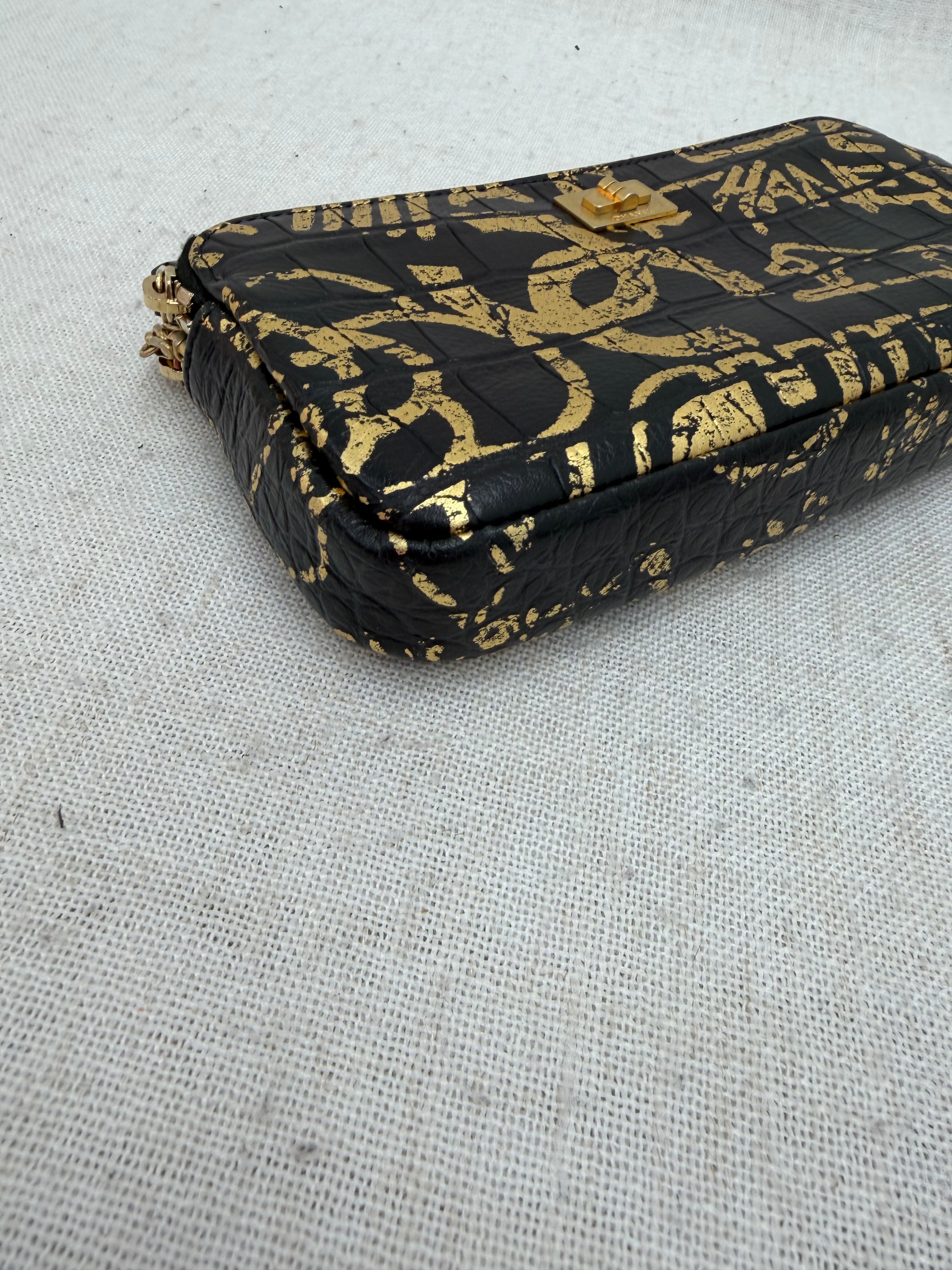 Chanel Black & Gold Graffiti Croc Embossed Double Zip Resissue Wallet on a Chain