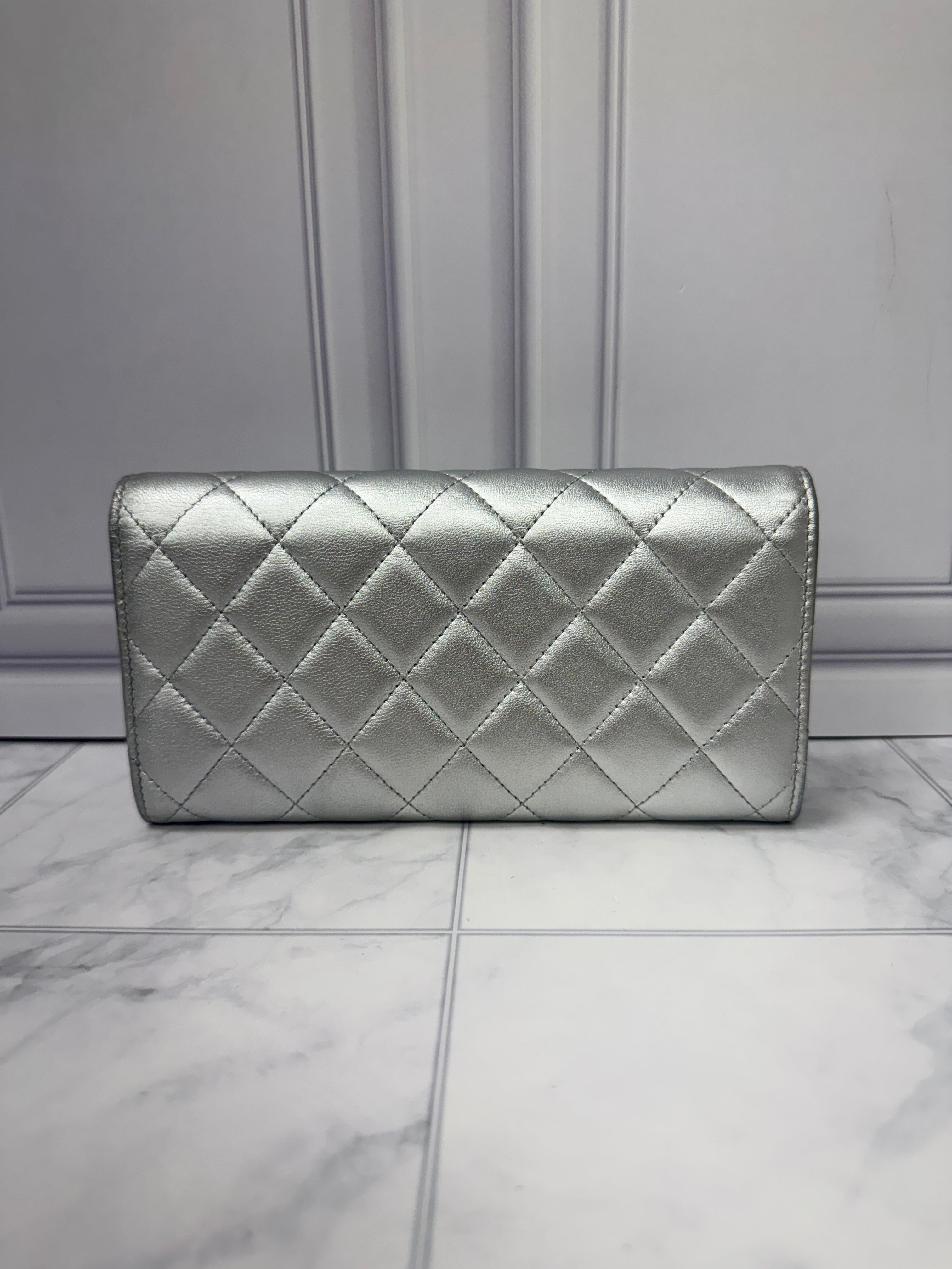 Chanel Silver Quilted Leather Flap Wallet