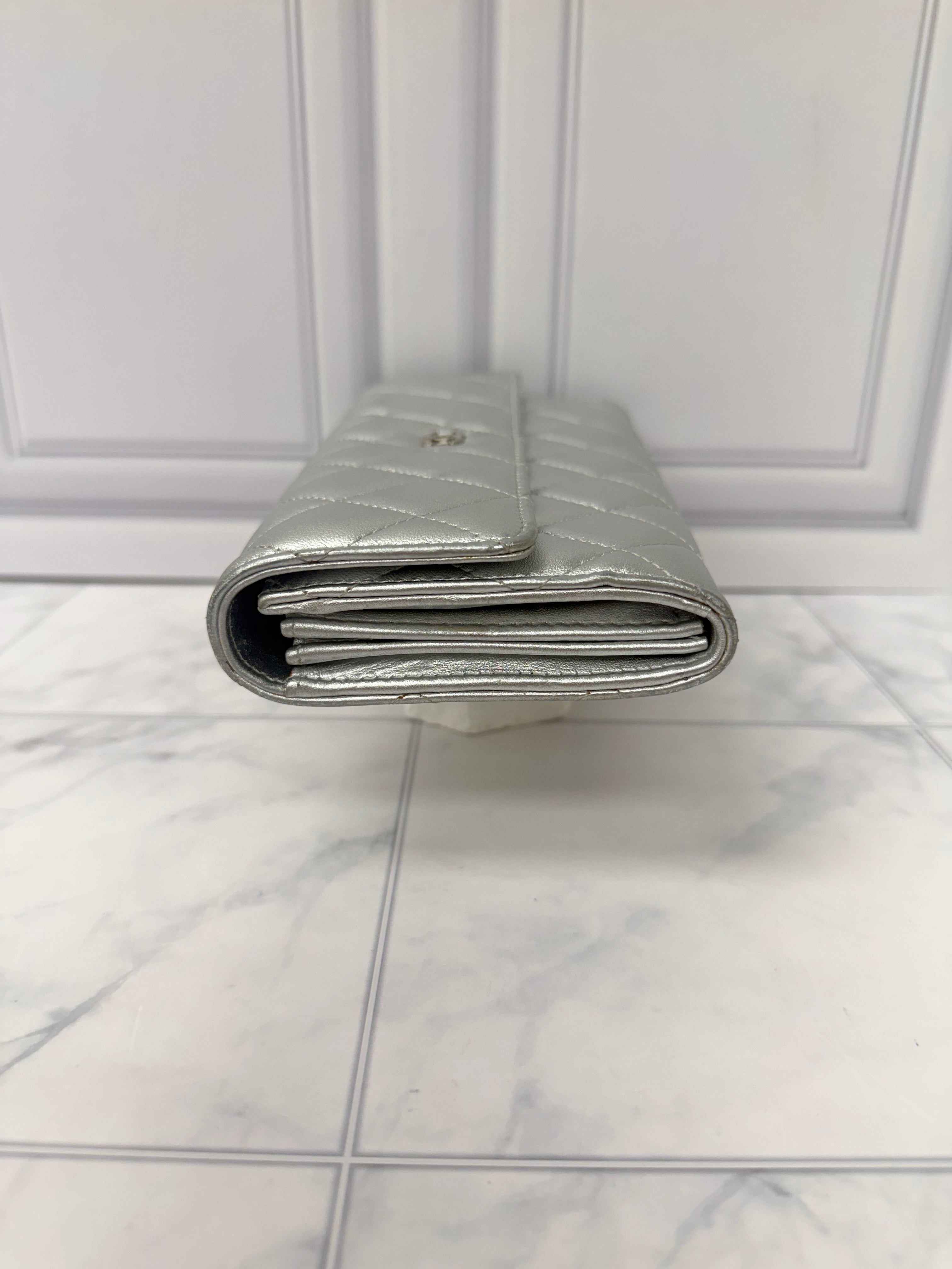 Chanel Silver Quilted Leather Flap Wallet