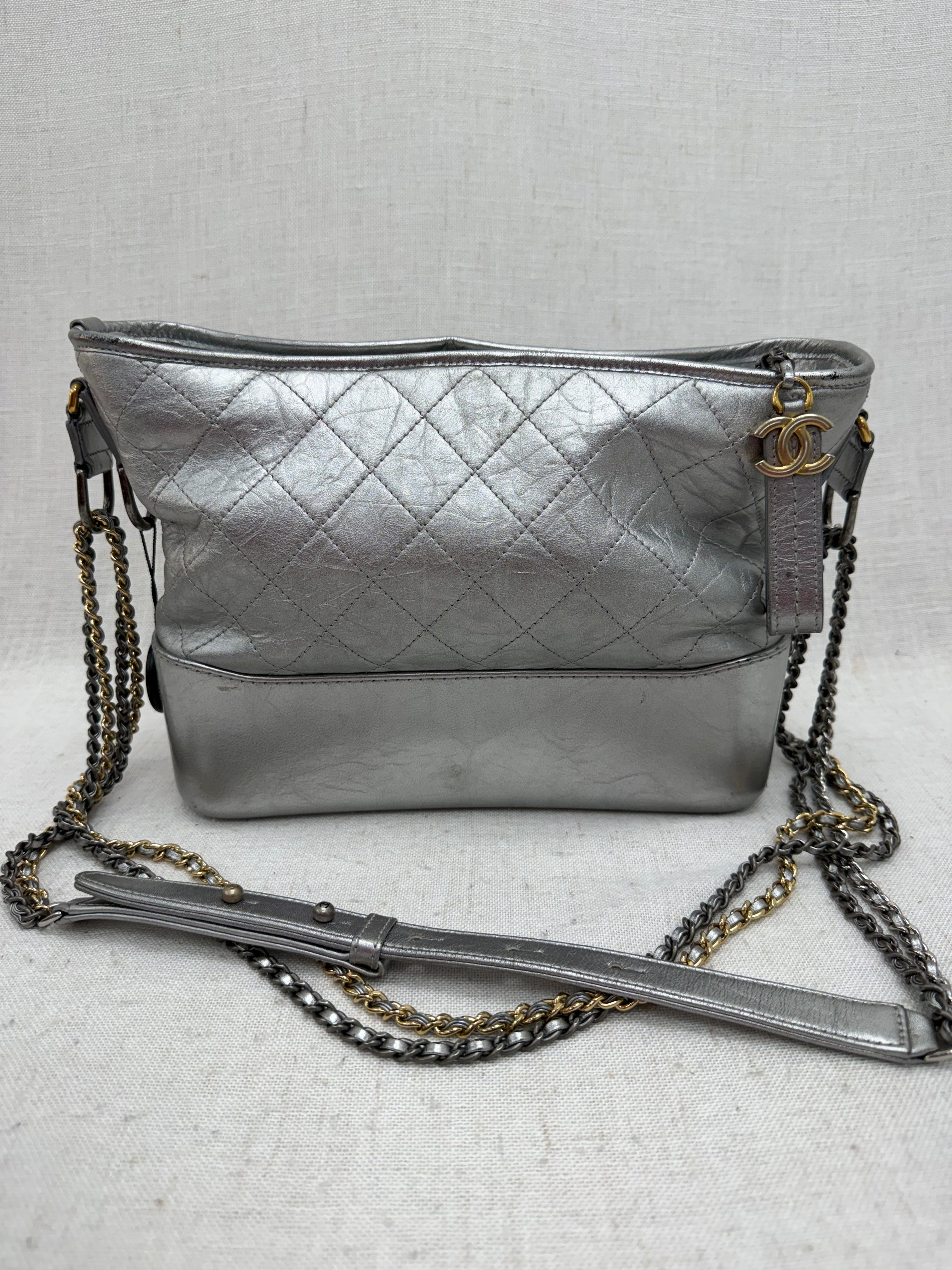 Chanel Metallic Silver Quilted Lambskin Large Gabrielle Hobo Bag