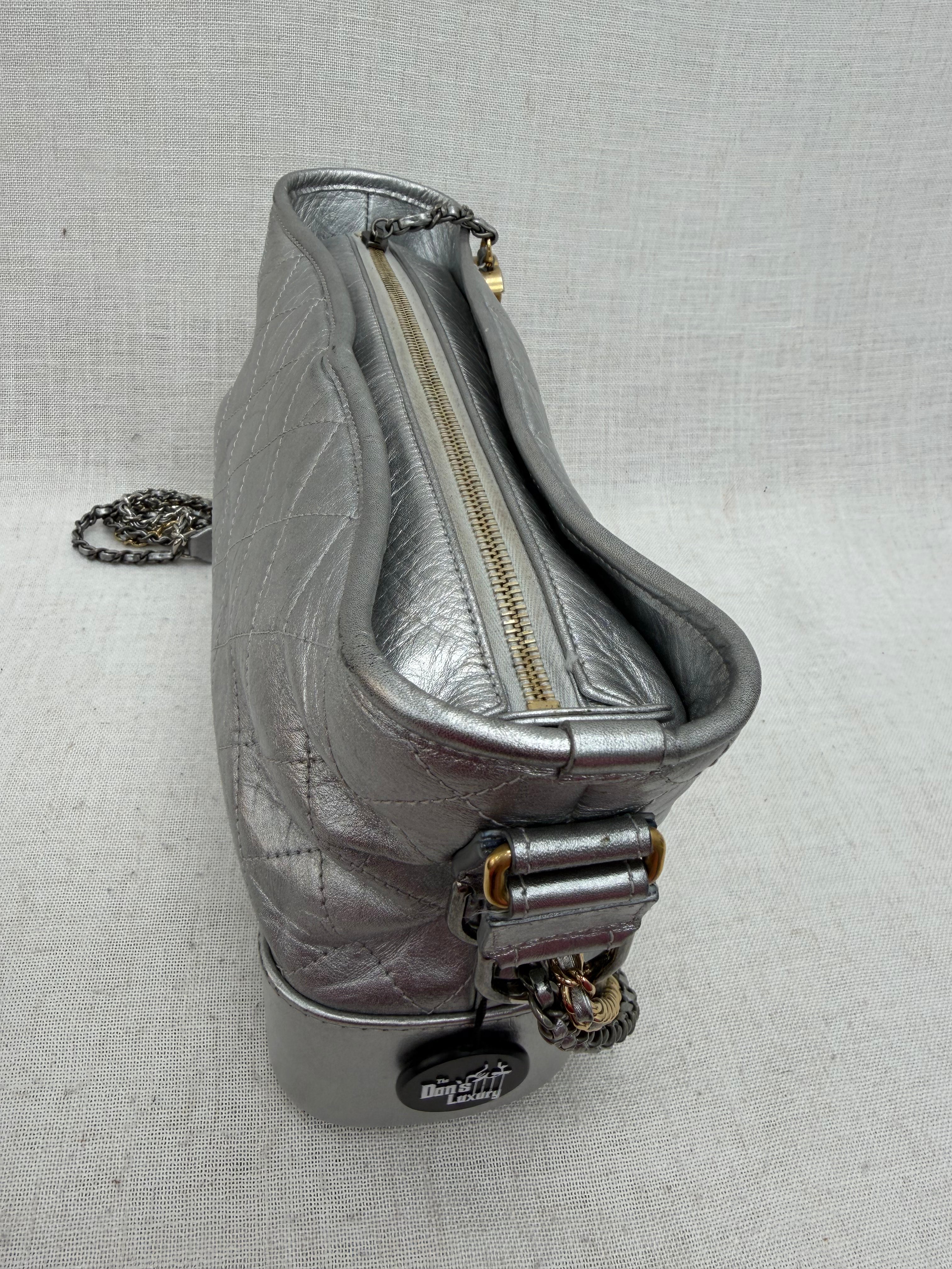 Chanel Metallic Silver Quilted Lambskin Large Gabrielle Hobo Bag