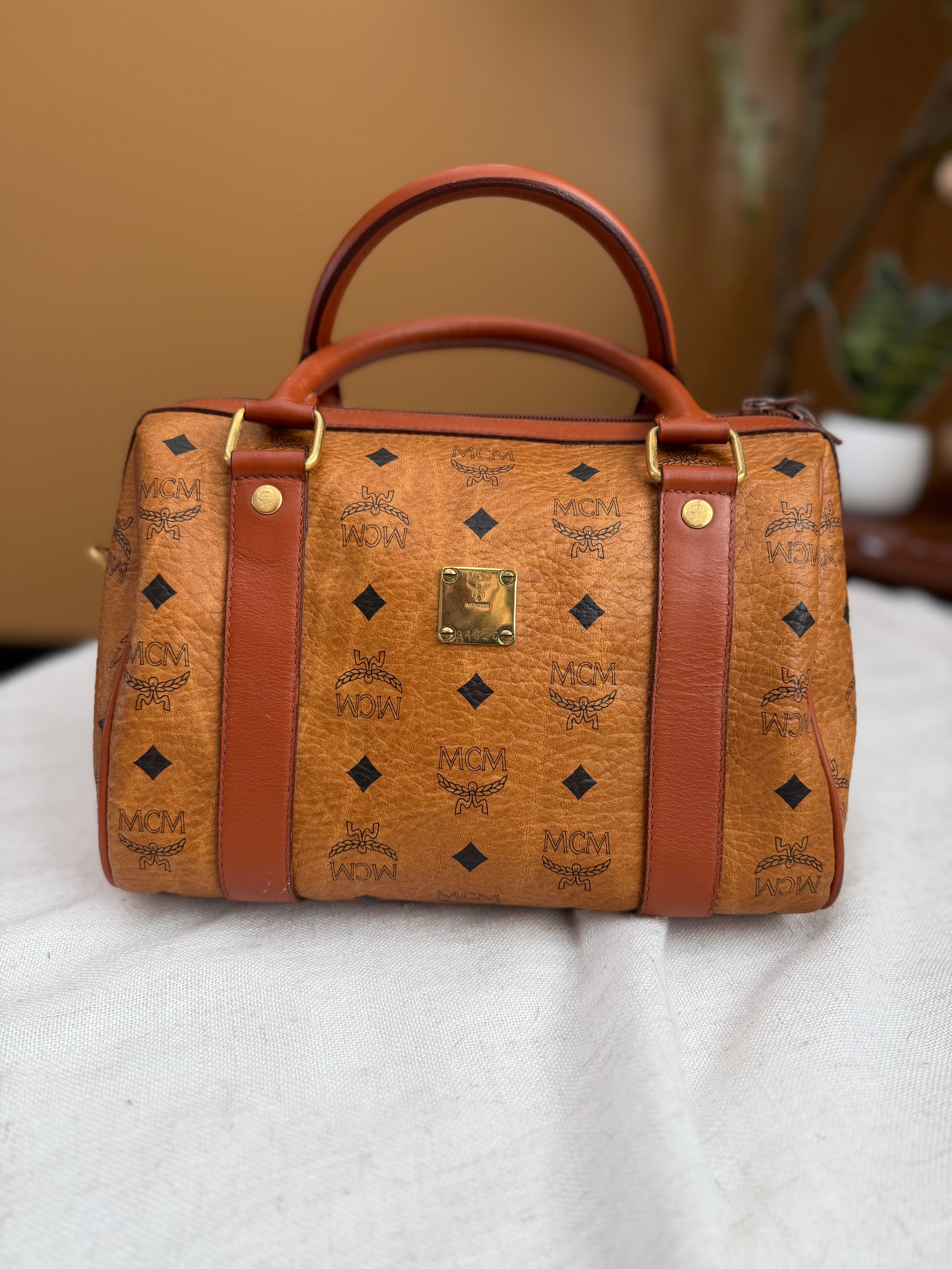 MCM Brown Coated Canvas Visetos Boston Bag