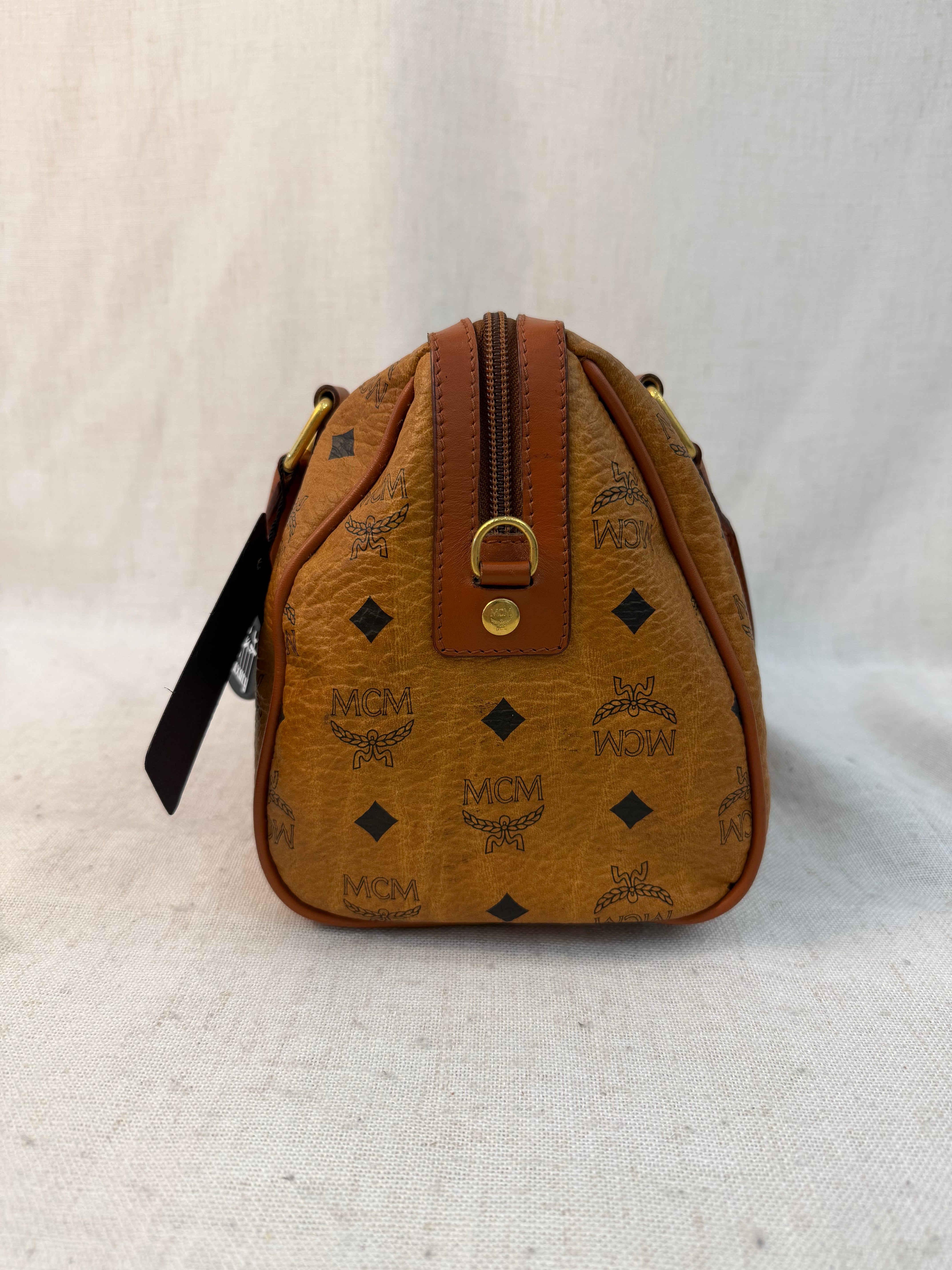 MCM Brown Coated Canvas Visetos Boston Bag