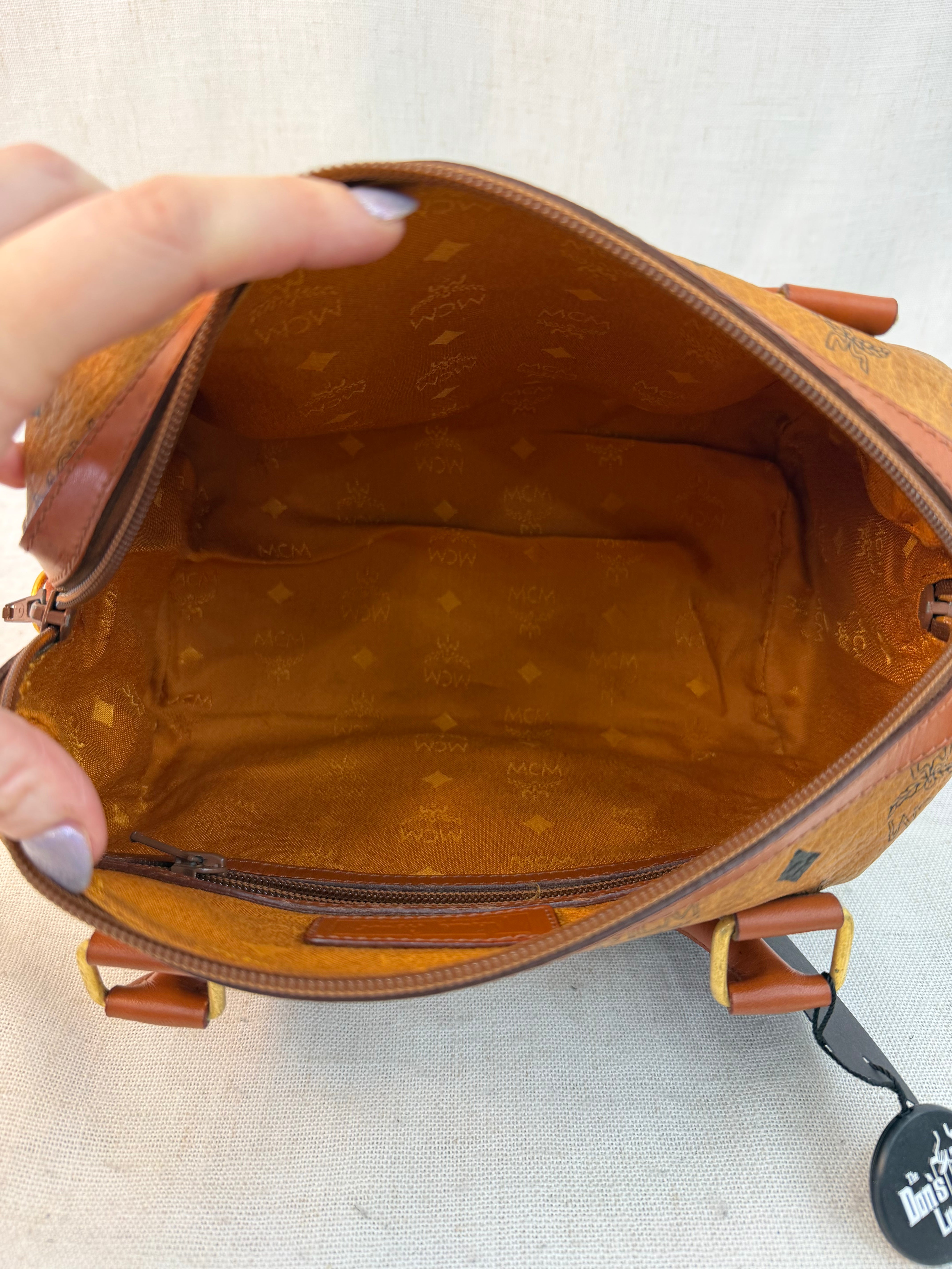 MCM Brown Coated Canvas Visetos Boston Bag