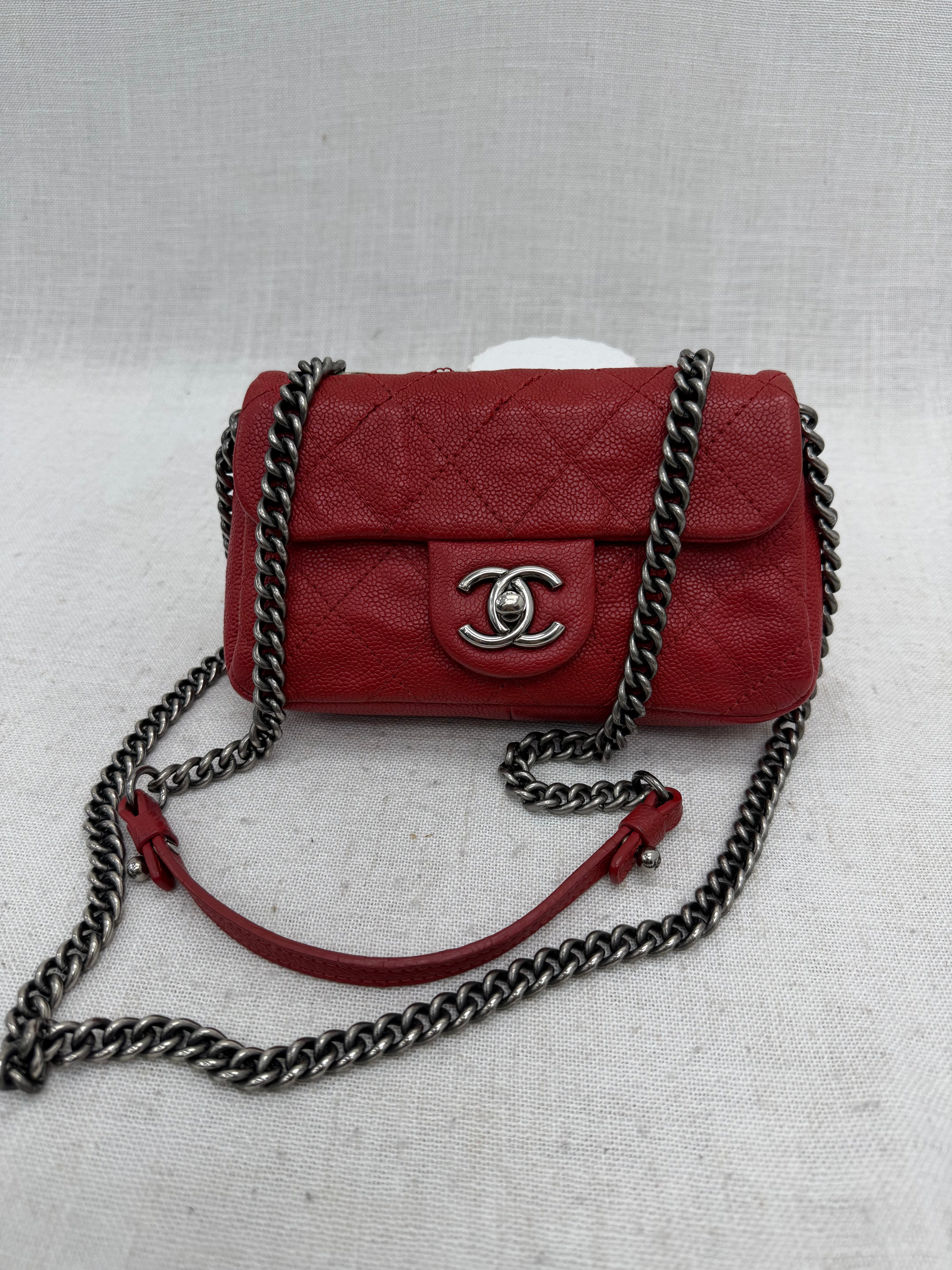Chanel Red Quilted Caviar Leather Mini Classic Flap Bag
