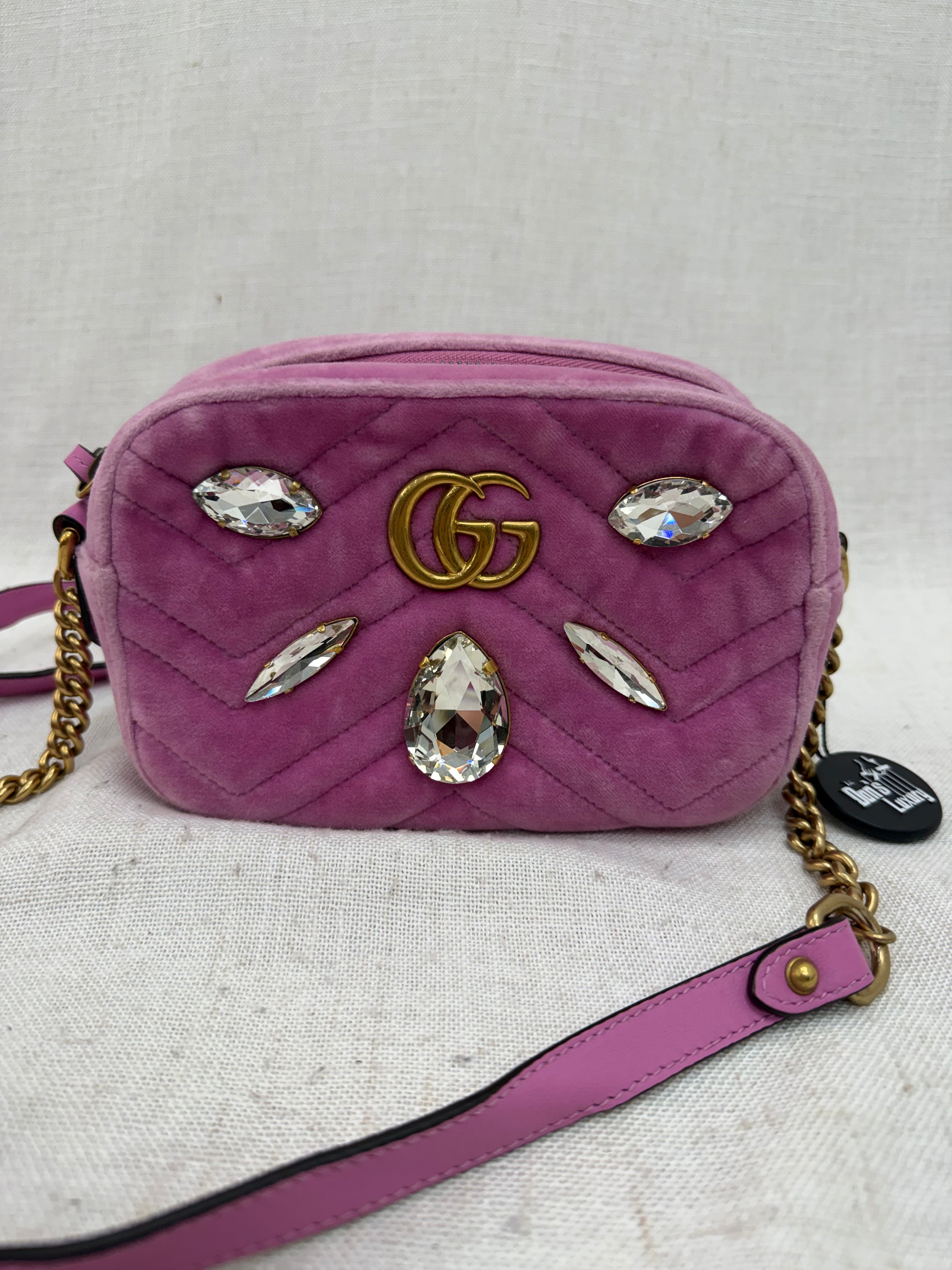 Gucci Pink Velvet GG Crystal Mini Marmont Camera Bag
