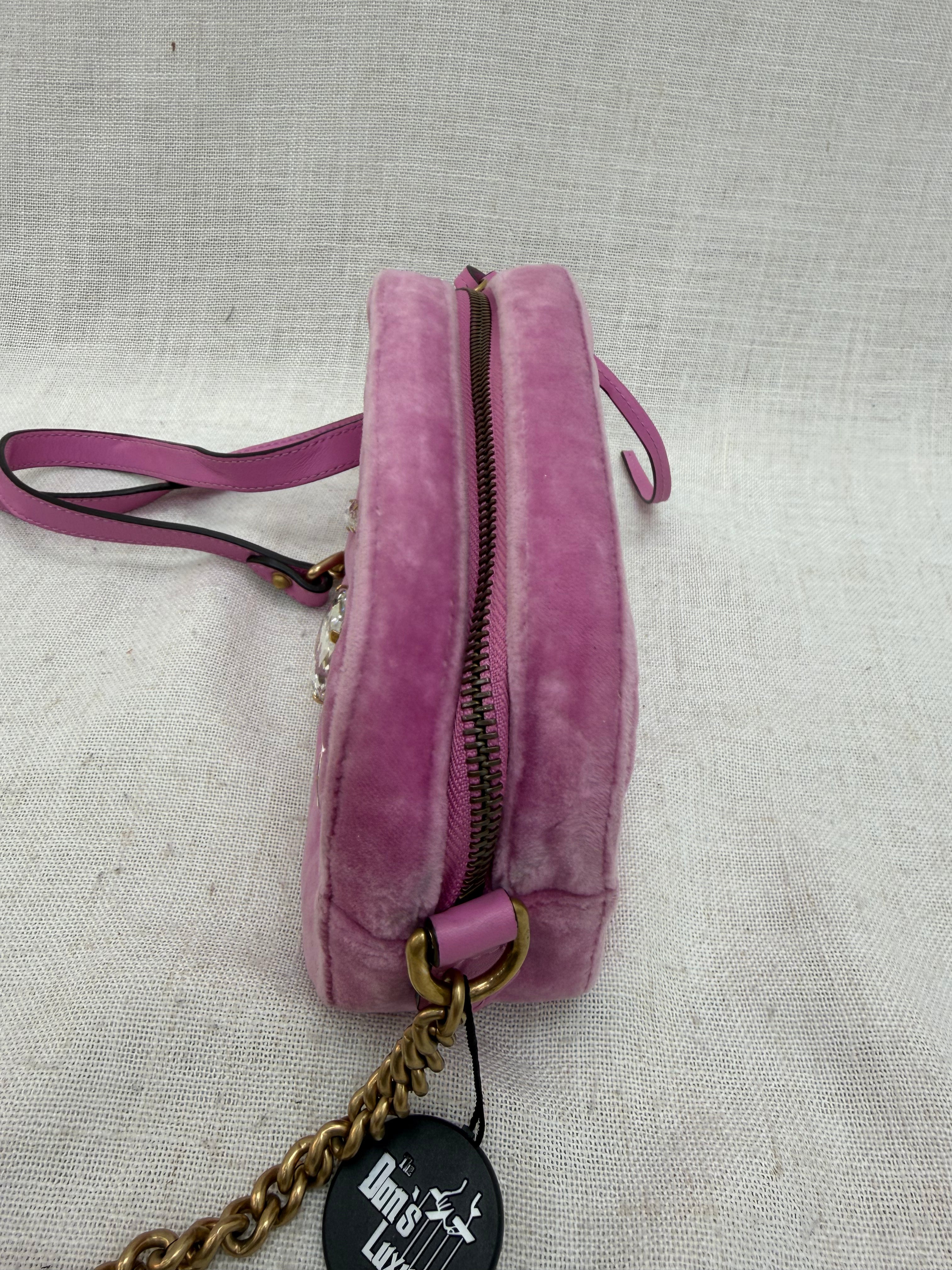Gucci Pink Velvet GG Crystal Mini Marmont Camera Bag