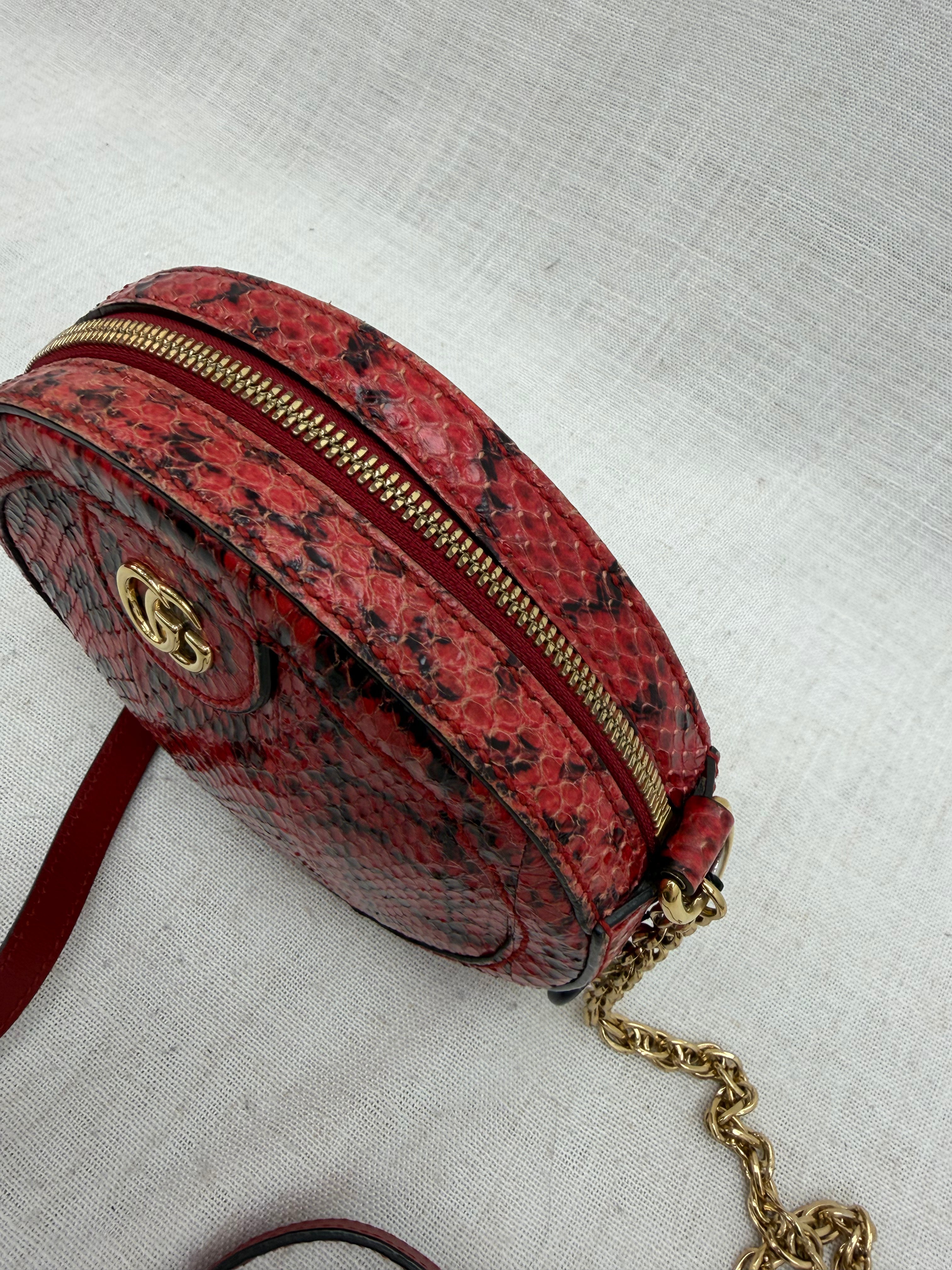 Gucci Red Snakeskin MIni Round Marmont Chain Crossbody