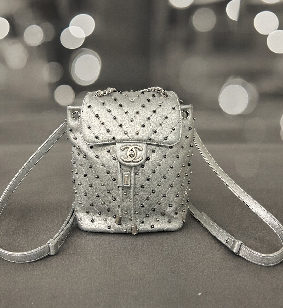 Chanel Silver Metallic Chevron Studded Backpack