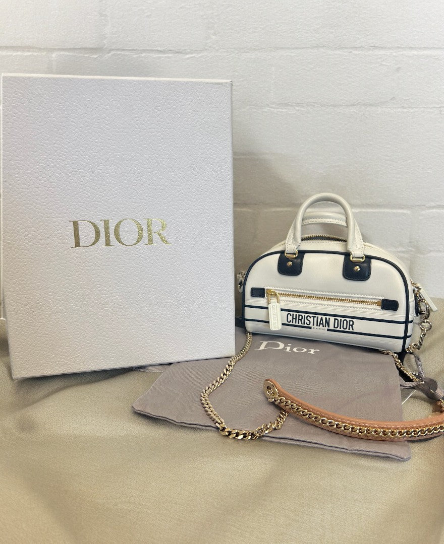 LIKE NEW Christian Dior White + Navy Leather Bowling Bag