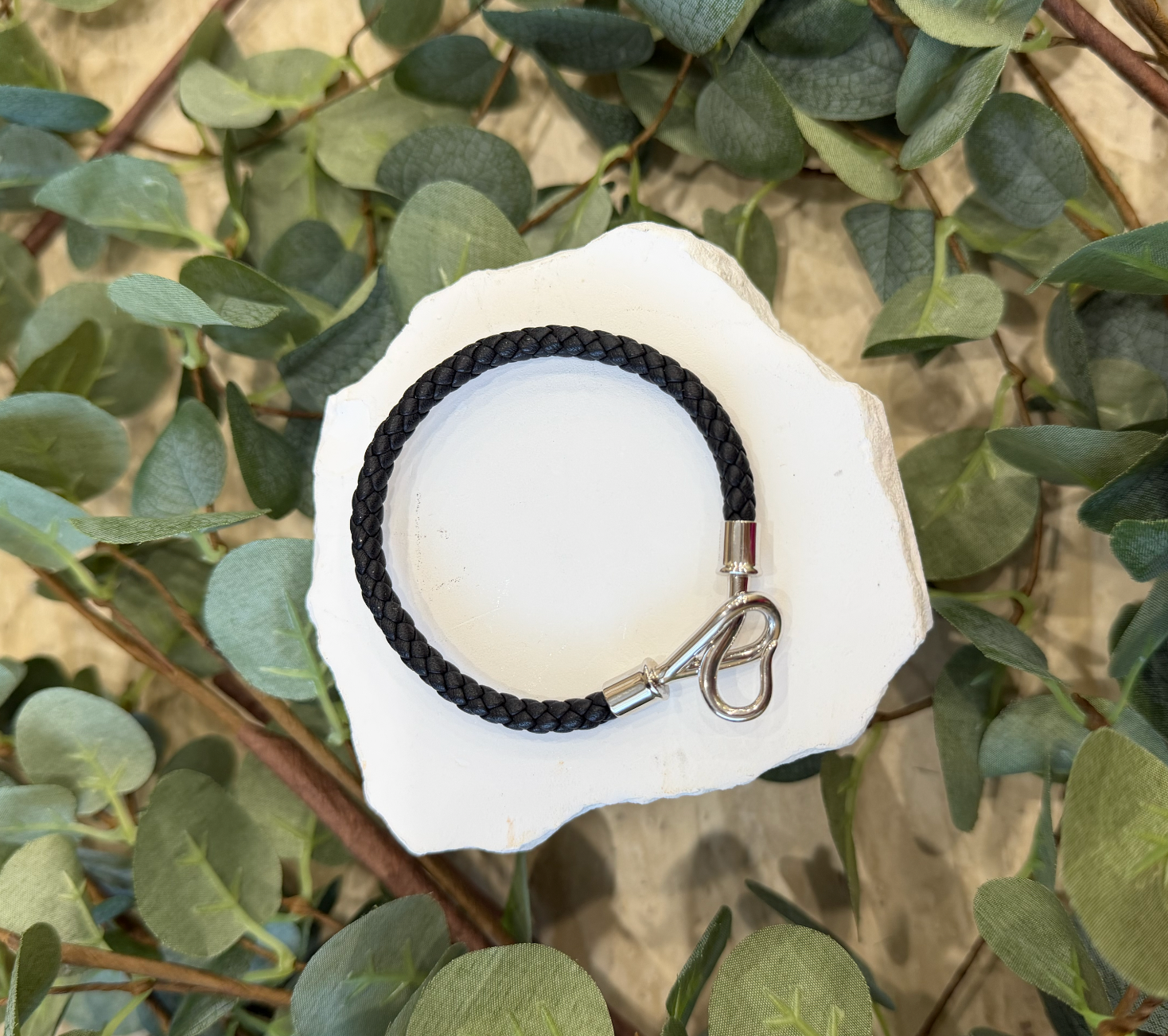 Hermes Black Braided Swift Leather Jumbo SIlver Hook Bracelet