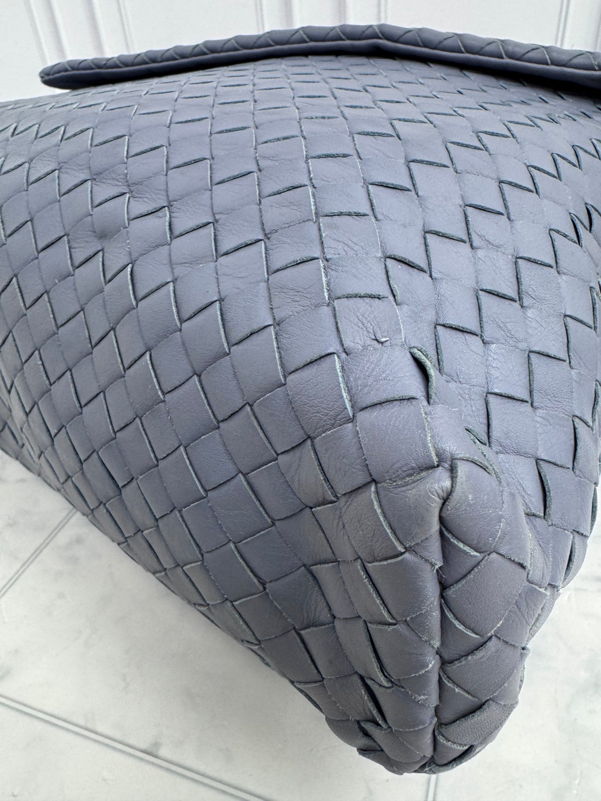 Bottega Veneta Blue Grey Intrecciato Leather Messenger Bag