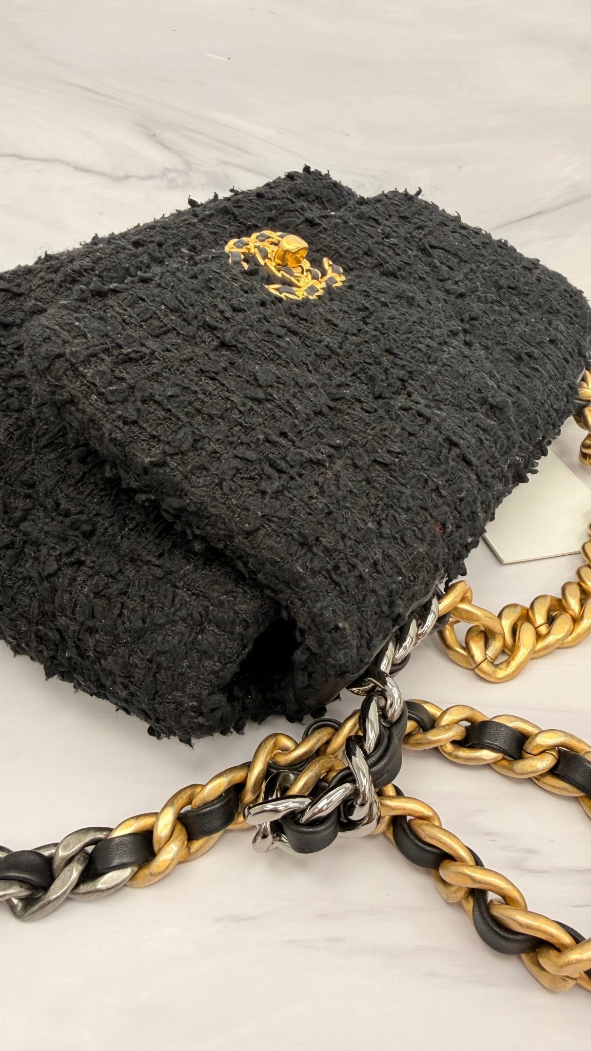Chanel Black Tweed Chanel 19 Flap Chain Medium Shoulder Bag 