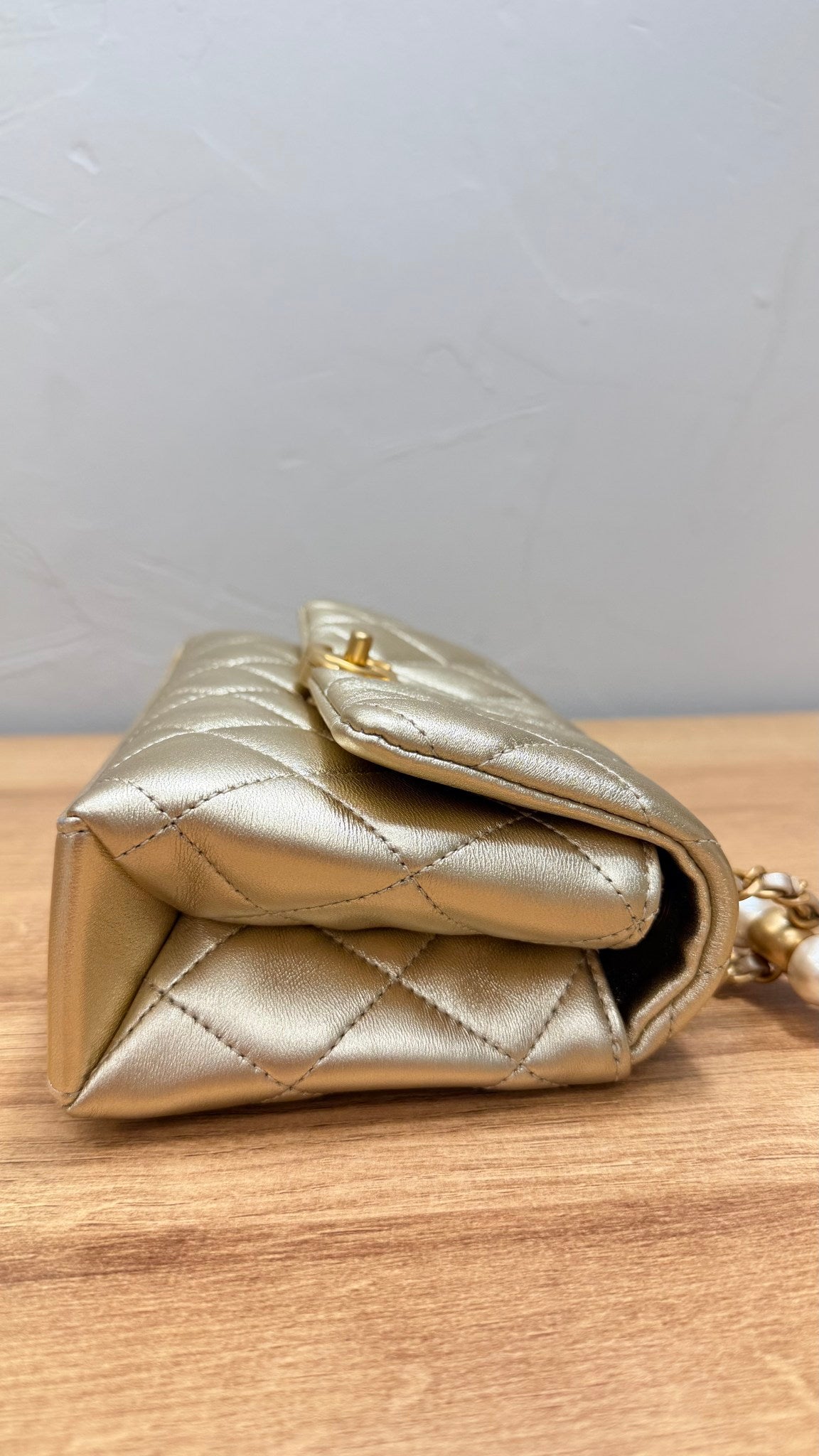 Chanel Gold Quilted Lambskin Leather Pearl Mini Flap Bag 