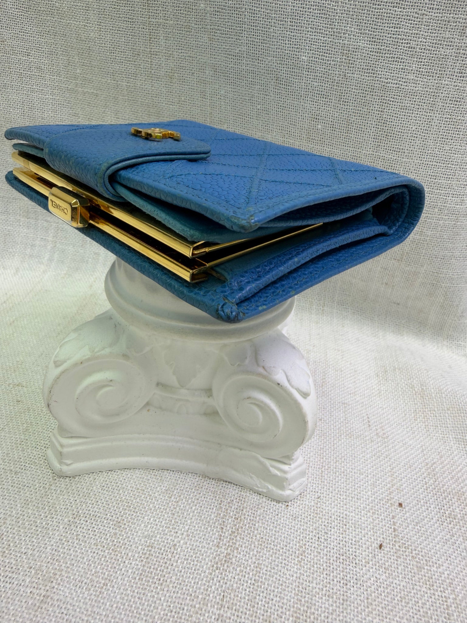 Chanel Blue Quilted Caviar Kisslock Compact Wallet