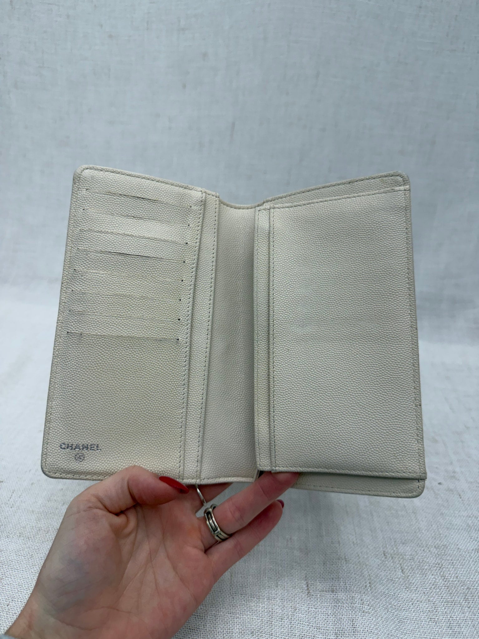 Chanel Ivory Caviar Leather Boy Long Wallet 