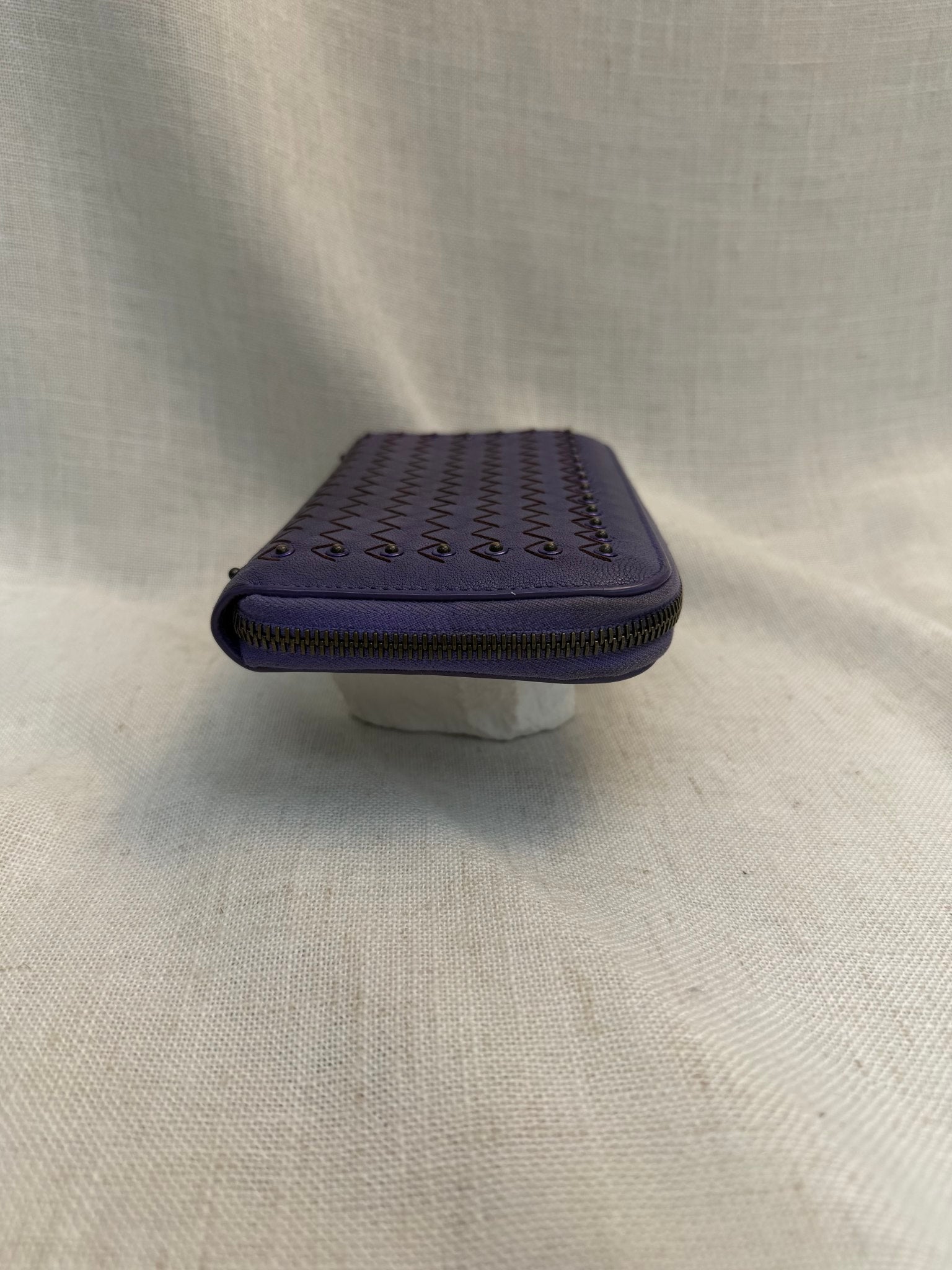 Bottega Veneta Purple Leather Studded Intrecciato Zippy Wallet