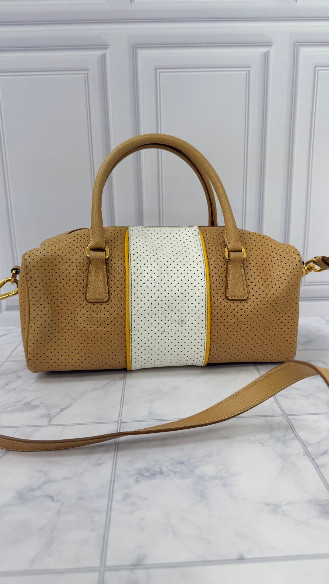 Prada Beige And White Perforated Saffiano Leather Boston Bag