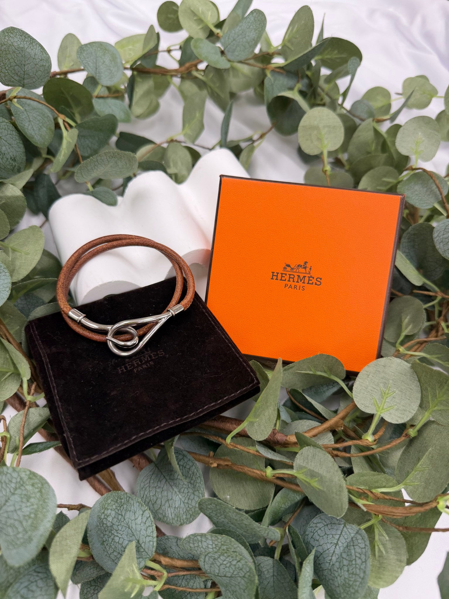 Hermes Brown Leather Silver Jumbo Hook Double Tour Bracelet