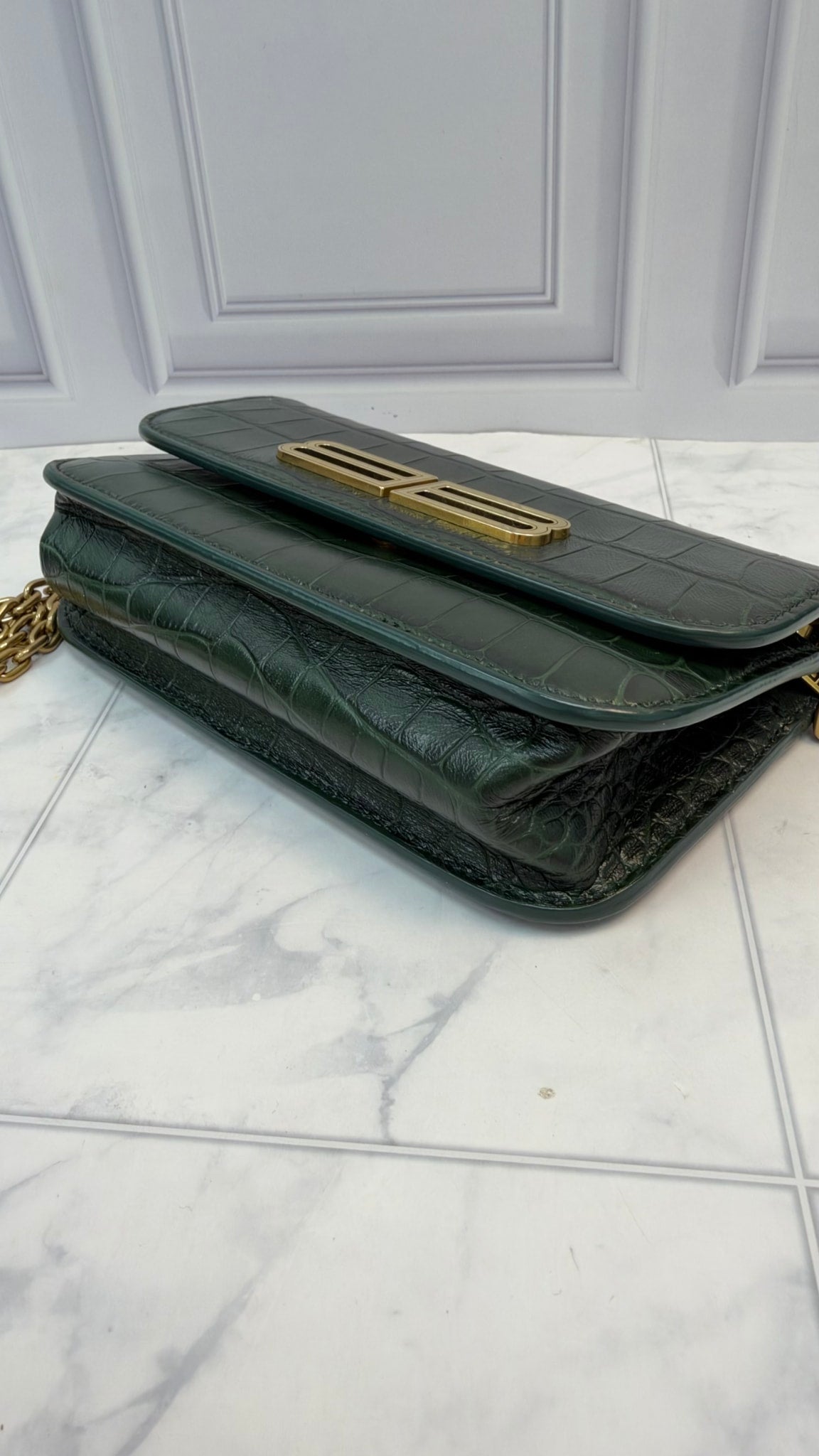 LIKE NEW -Balenciaga Green Croc Embossed Leather Small Signature Gossip Crossbody