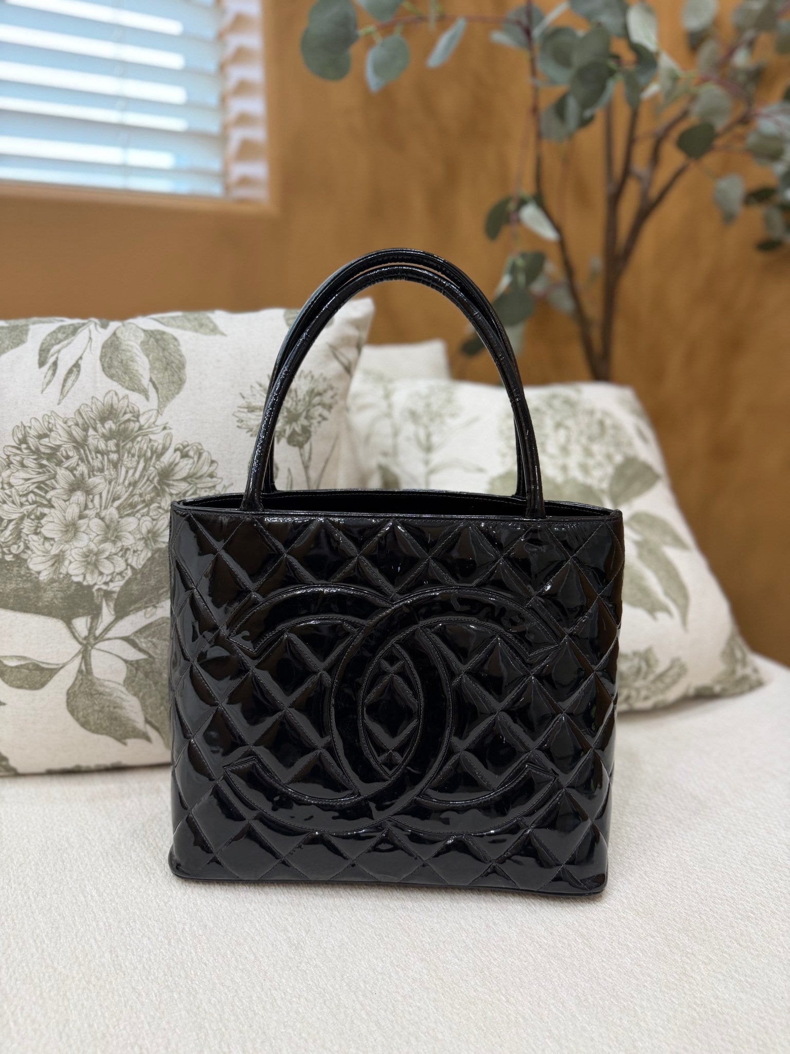 Chanel Black Patent Medallion Tote