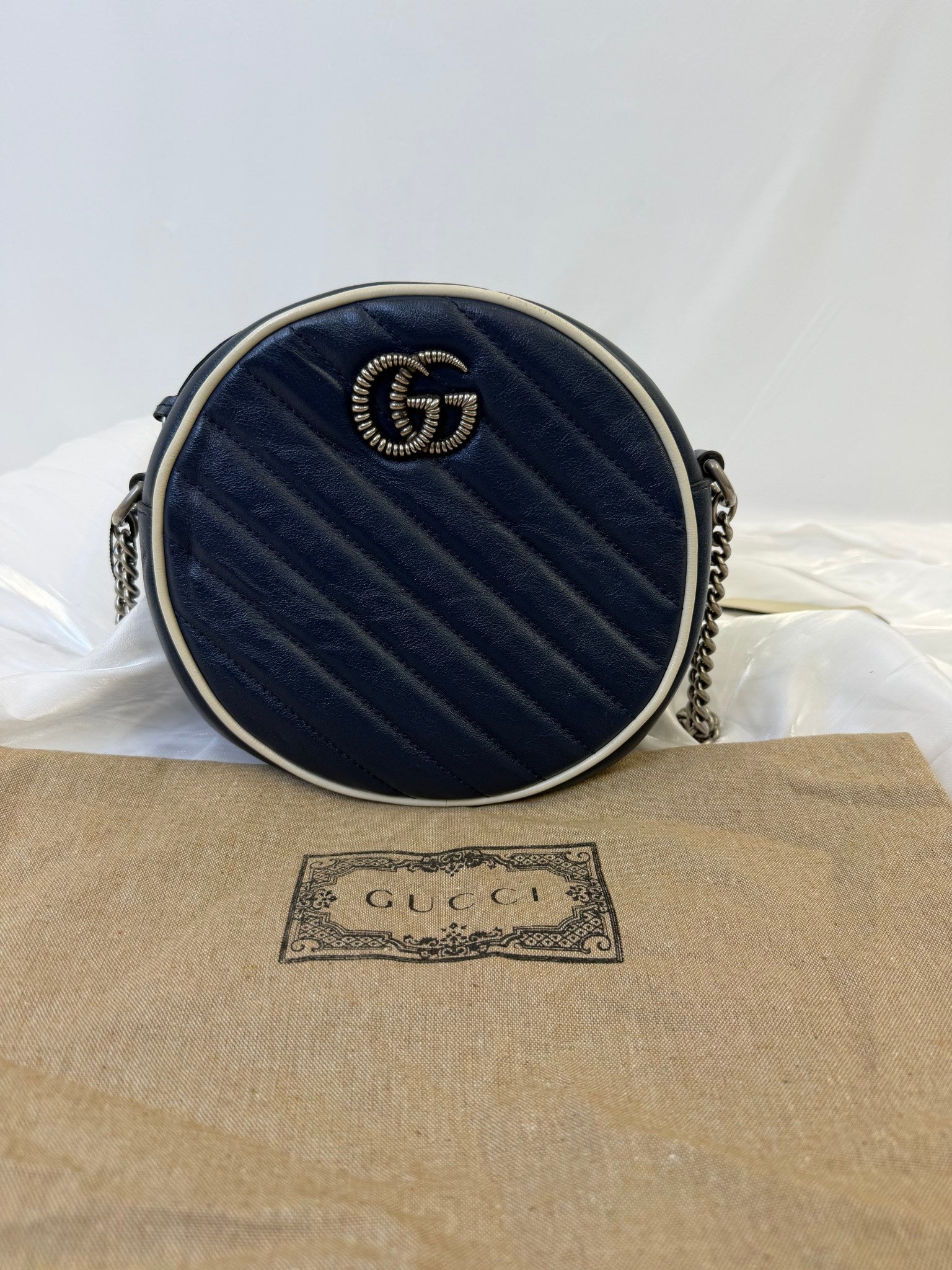 Gucci Navy Leather Marmont Mini Round Crossbody Bag