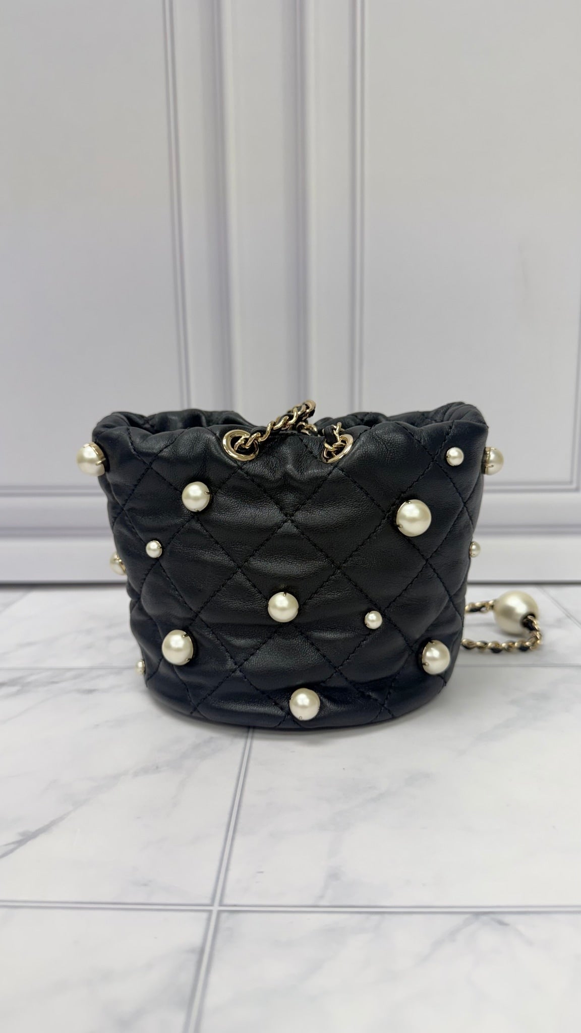 Chanel Black Quilted Lambskin Pearl Mini Bucket Bag  