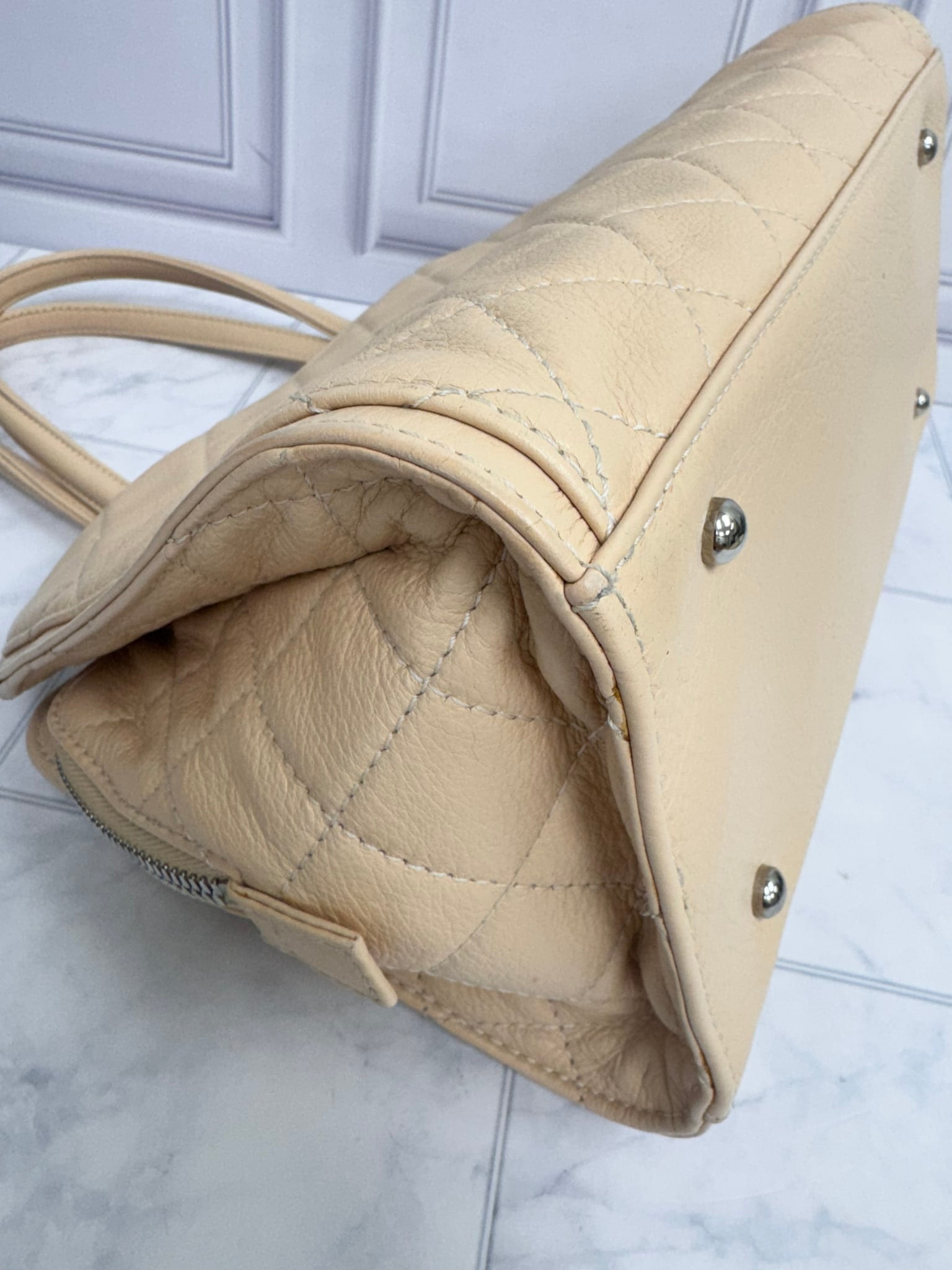 Chanel Beige Vintage Quilted Grained Leather Shoulder Bag