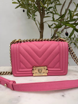 Chanel Pink Chevron Quilted Caviar Leather Boy Flap Bag