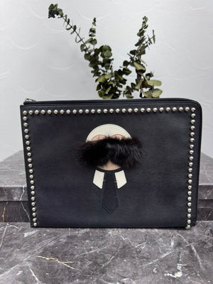 Fendi Black Leather Studded Flat Karlito Clutch Bag