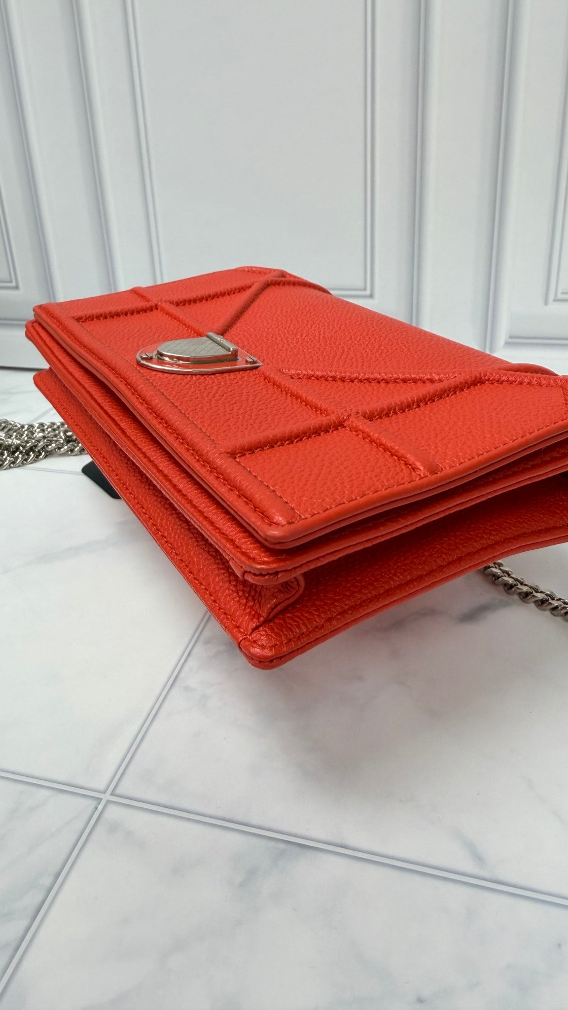 Christian Dior Orange Grained Leather Wallet On A Chain 