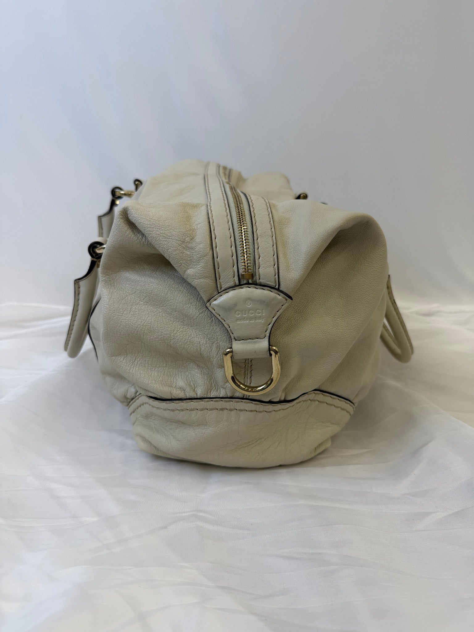 Gucci Cream Leather Horsebit Nail Boston Bag