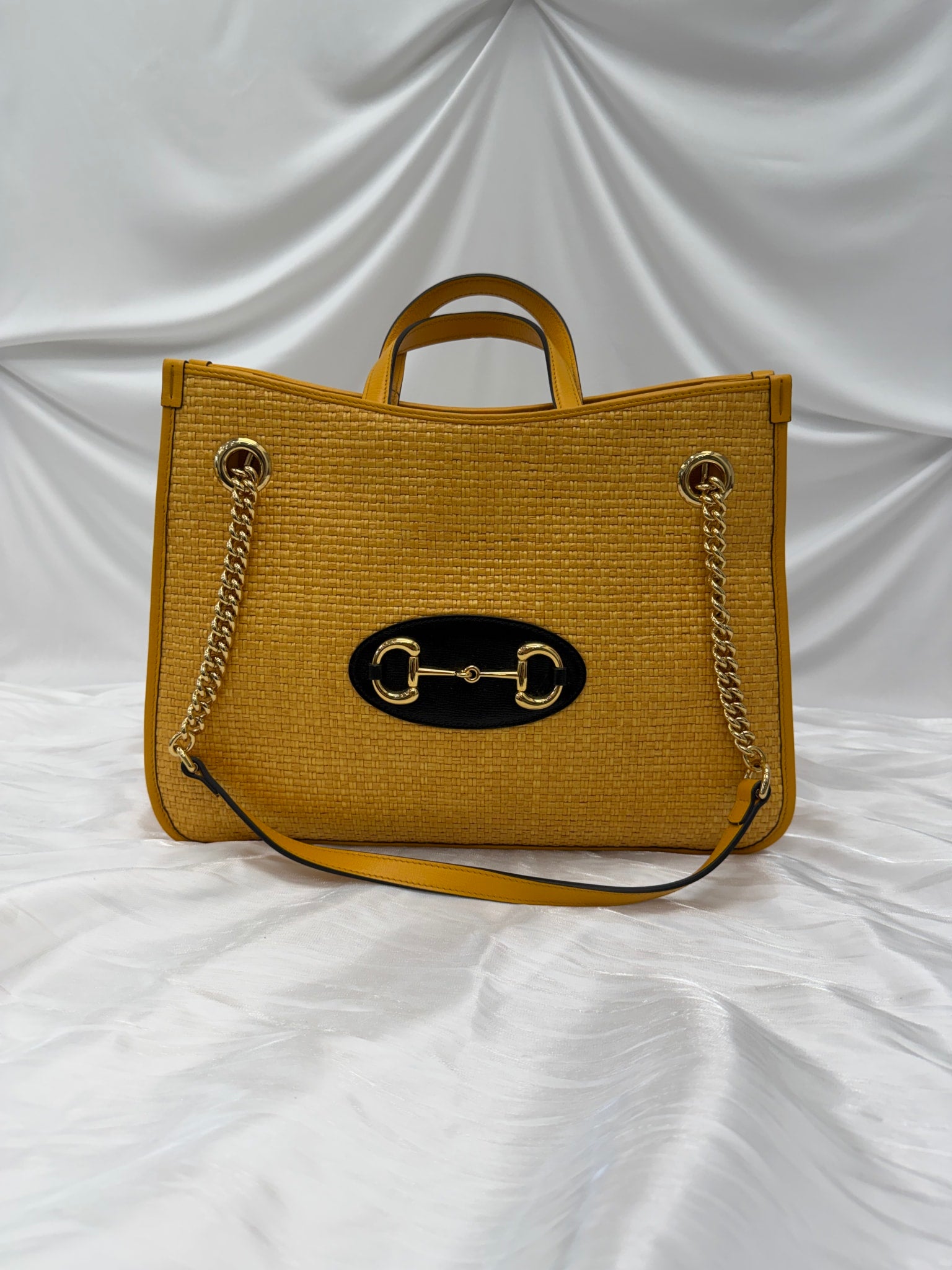 Gucci Yellow Woven Raffia Medium 1955  2Way Tote Bag
