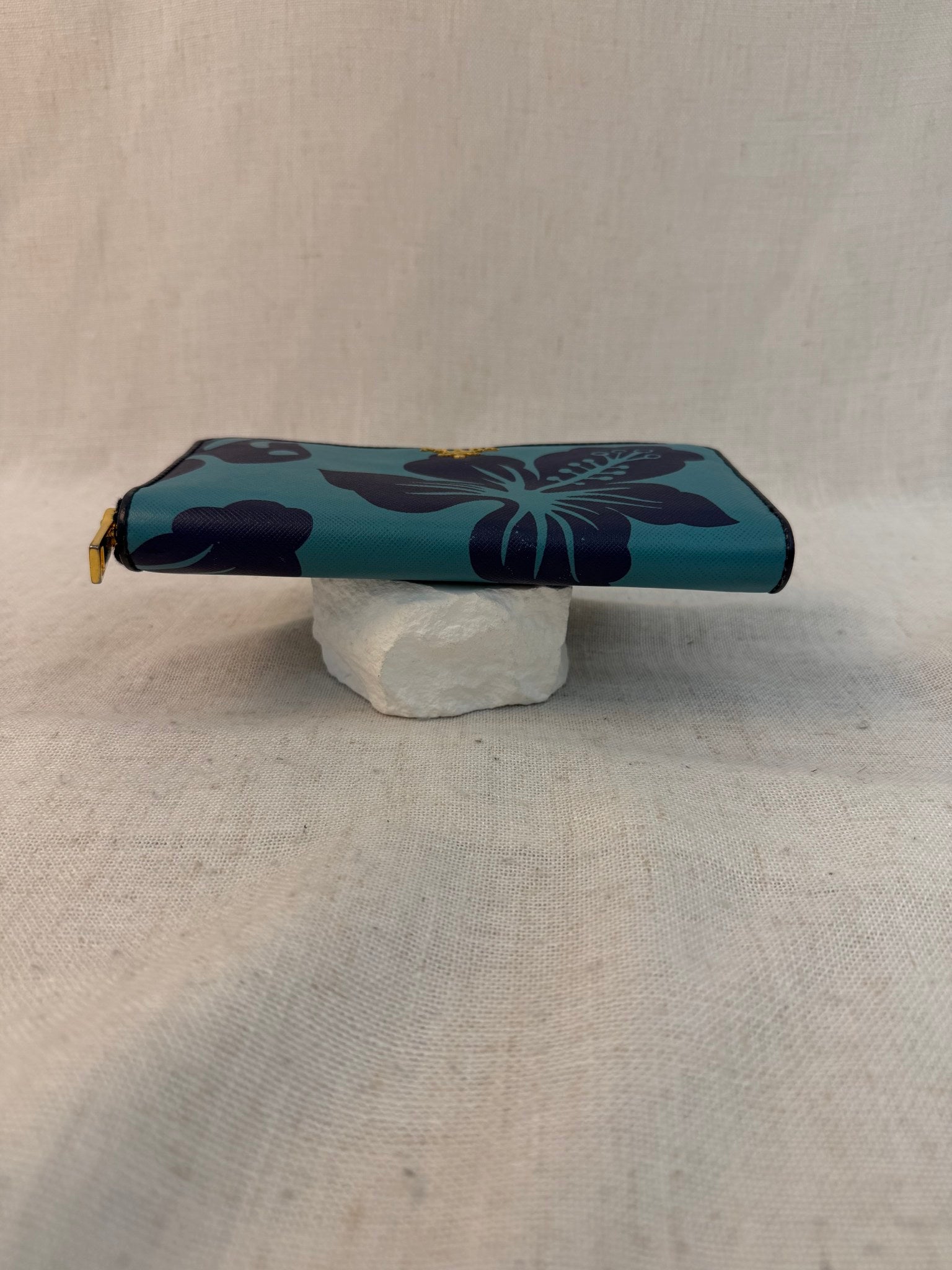 Prada Blue Saffiano Leather Floral Print Zippy Wallet