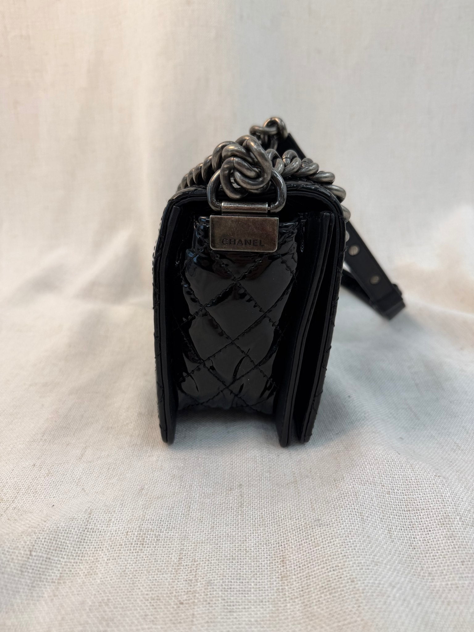 Chanel Black Patent Leather Medium Boy Bag