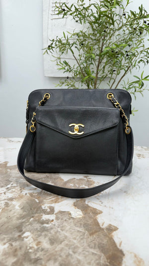 Chanel Vintage 24k Black Caviar Shoulder Chain Tote