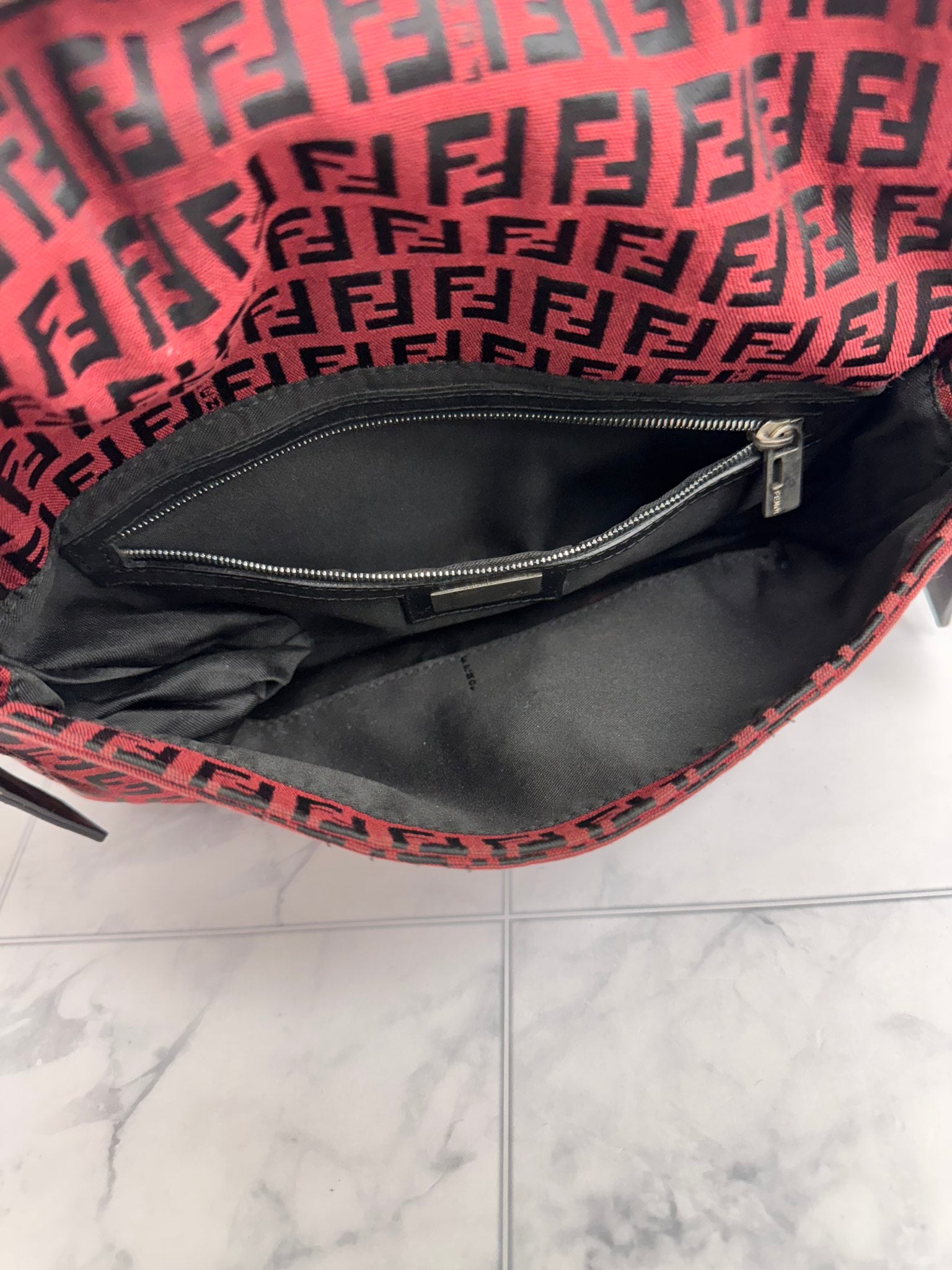 Fendi Red And Black Zucca FF Monogram Canvas Baguette Shoulder Bag