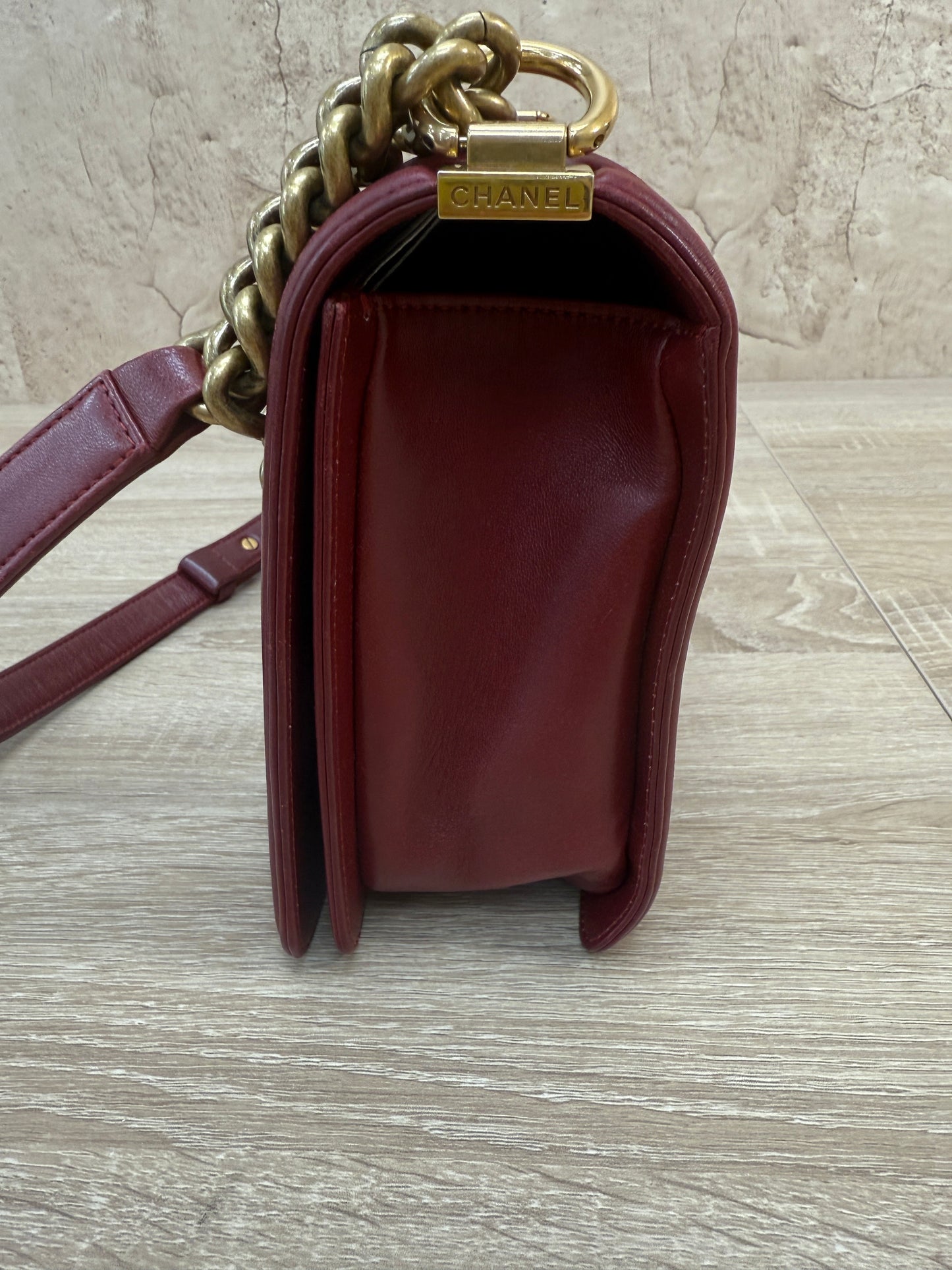 Chanel Dark Red Lambskin Quilted Medium Boy Flap