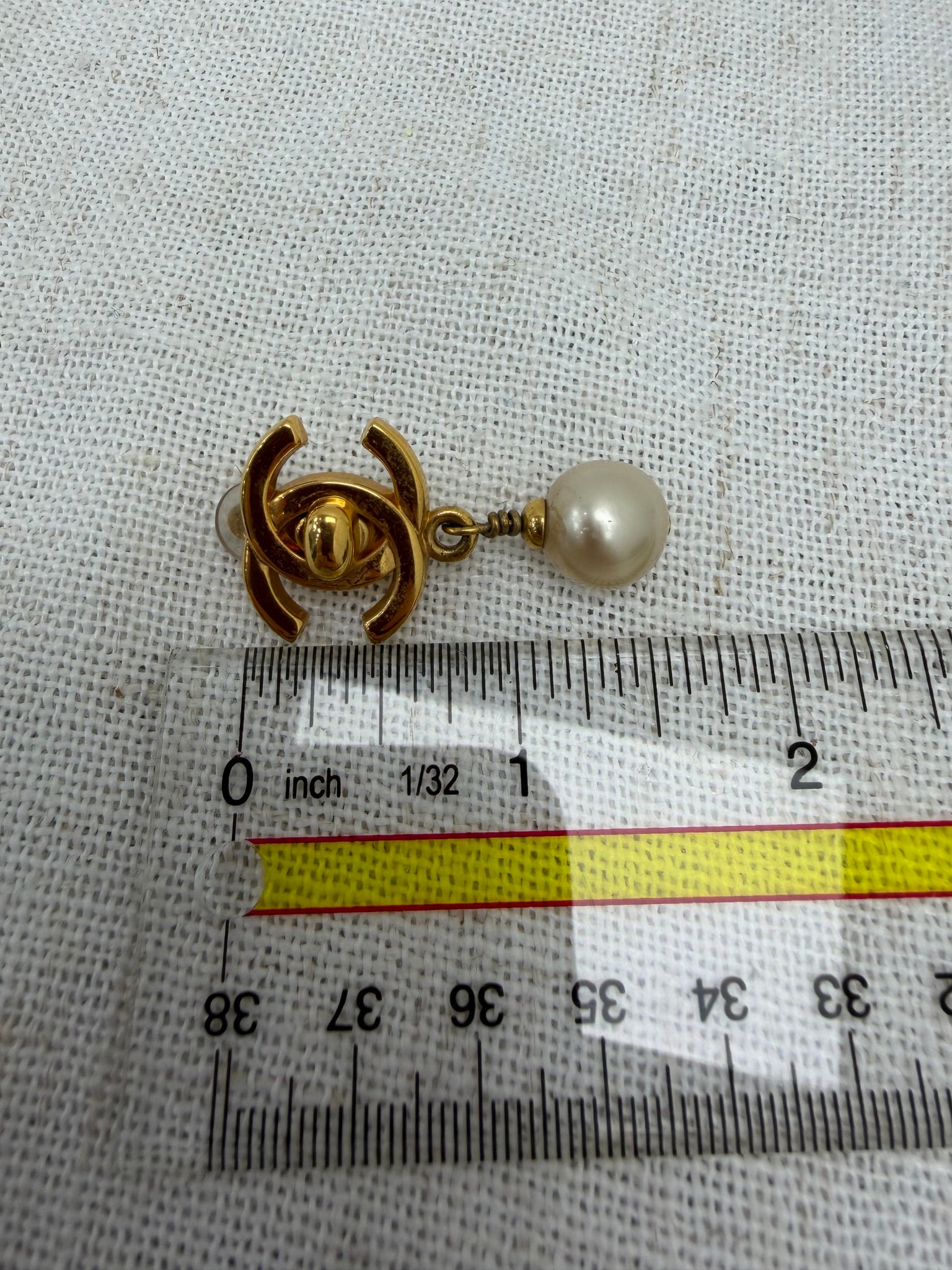 Chanel Vintage Gold Tone & Faux Pearl Turn Lock Clip On Earrings