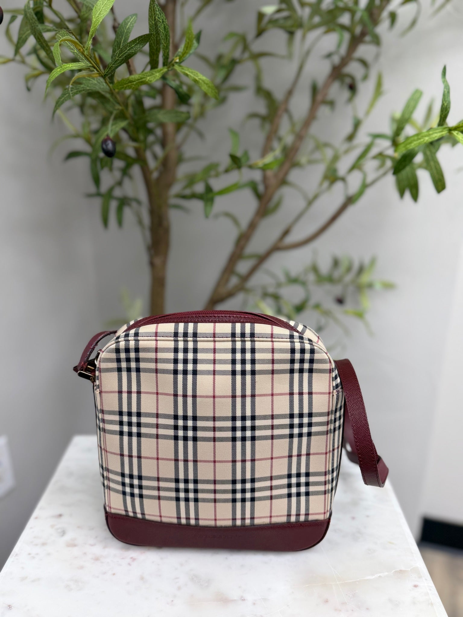 Burberry Burgundy Canvas Nova Check Crossbody Bag