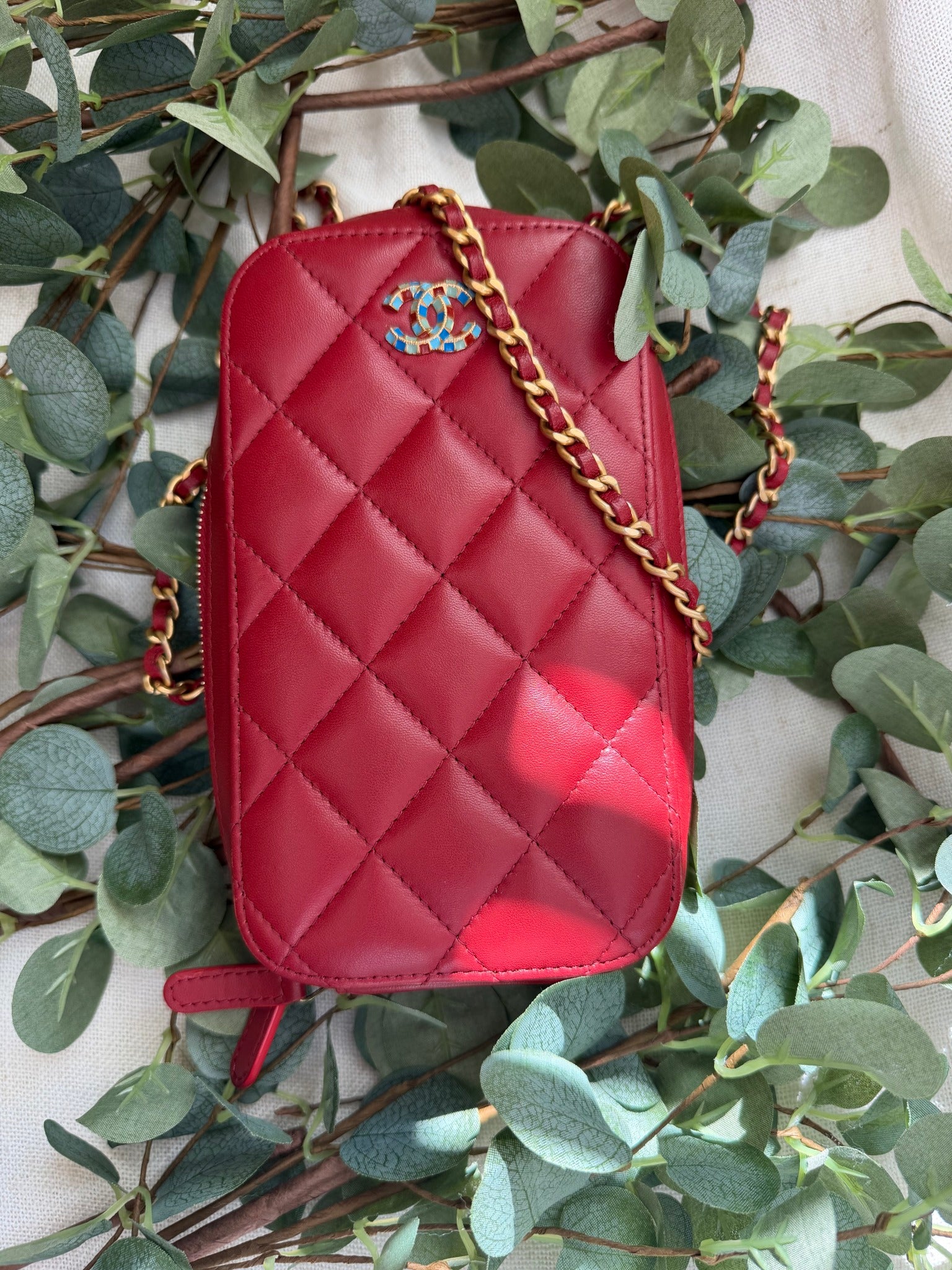 Chanel Red Quilted Lambskin Leather Chain Phone Holder  
