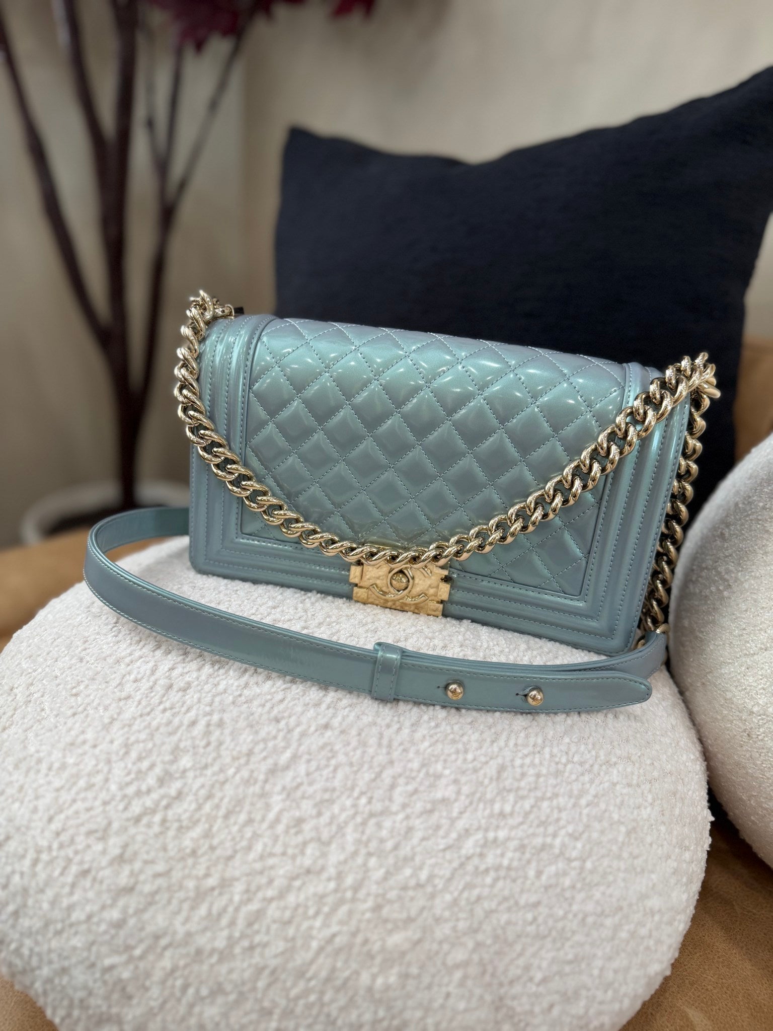 Chanel Blue Iridescent Quilted Patent Leather Medium Boy Bag