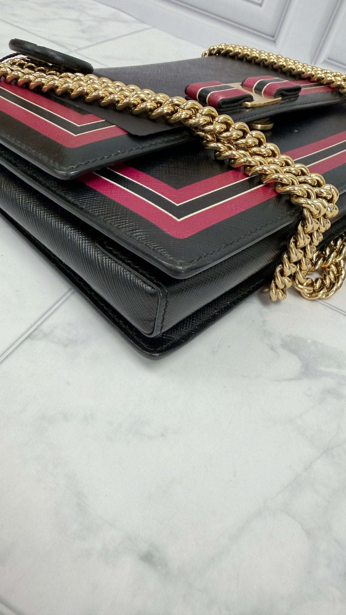 Salvatore Ferragamo Black Leather Pink Striped Chain Bag