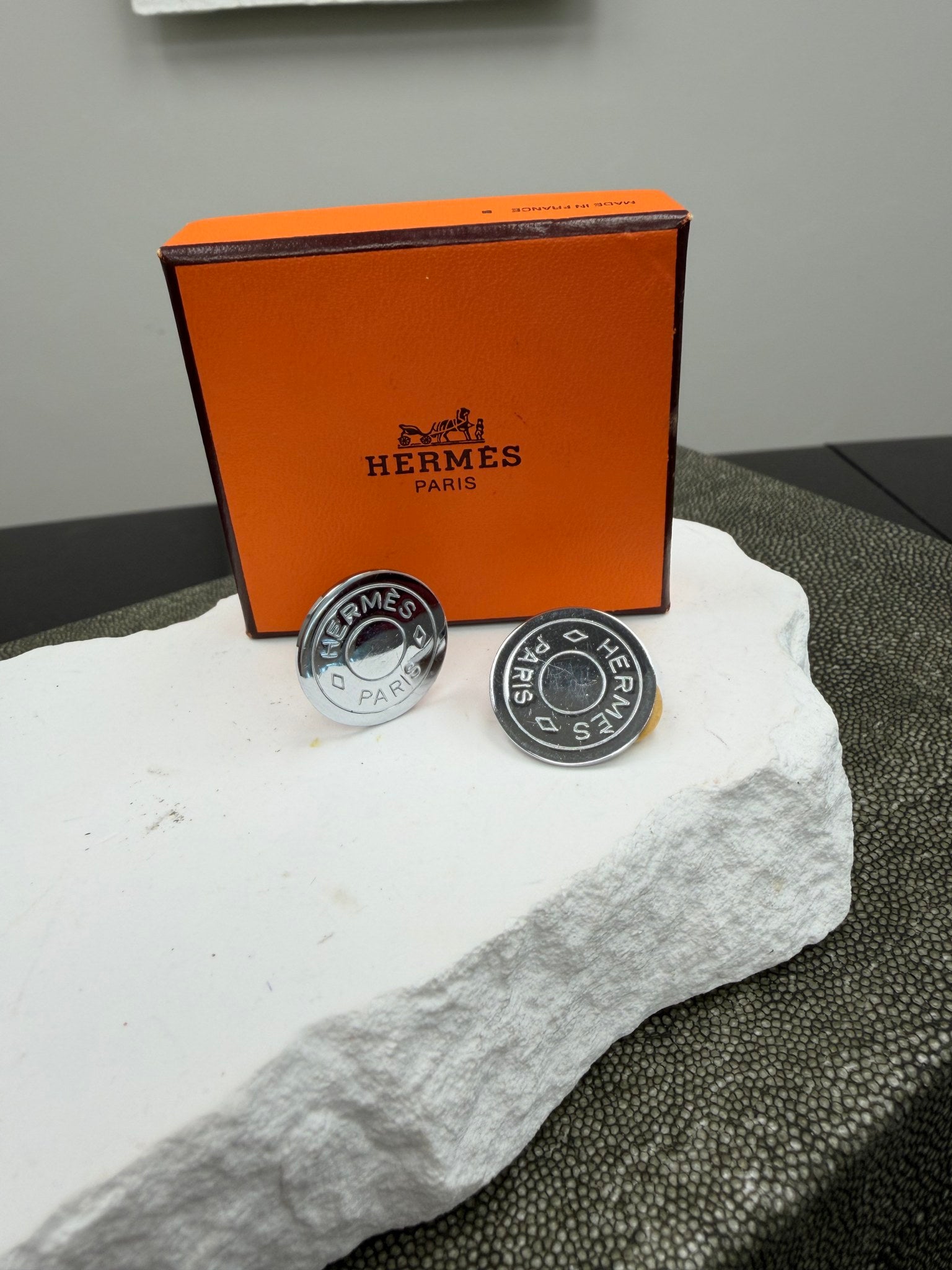 Hermes Silver Tone Coin Clip On Earrings 