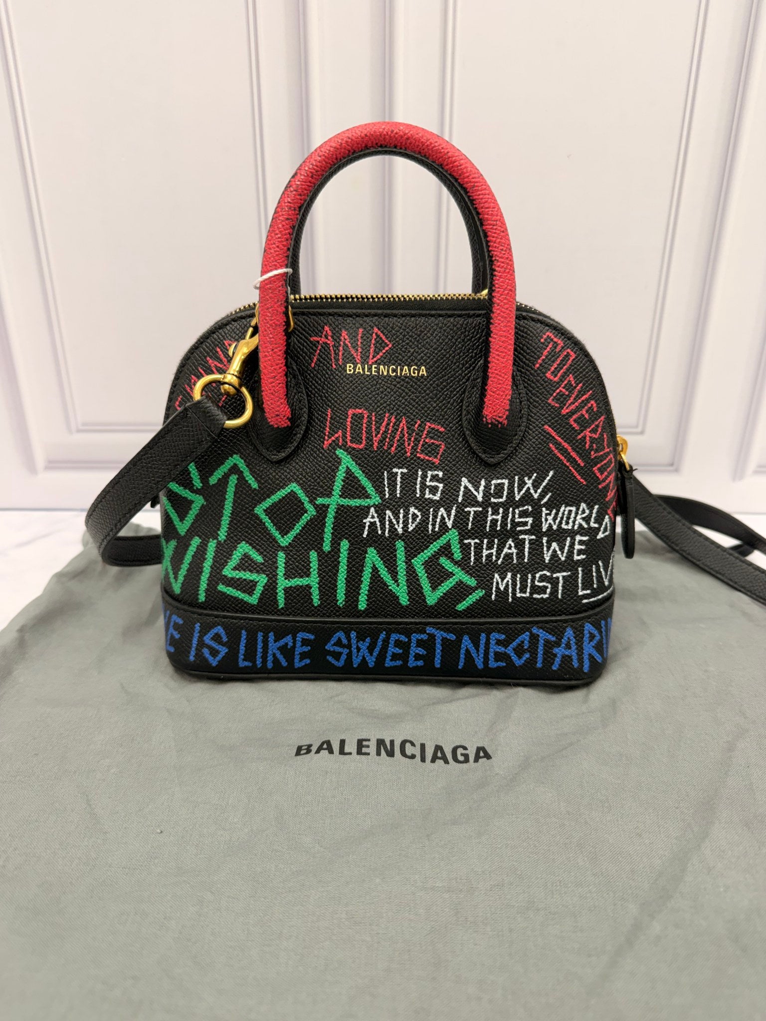 LIKE NEW - Balenciaga Black Leather Graffiti Ville XXS Top Handle Bag