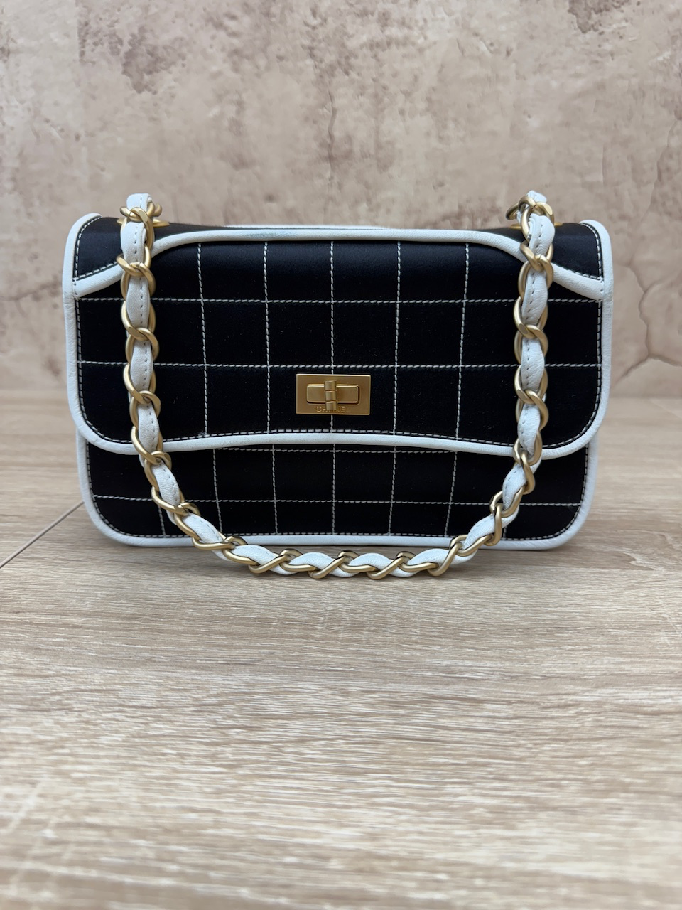 Chanel Black Silk 2.55 Choco Bar Shoulder Bag