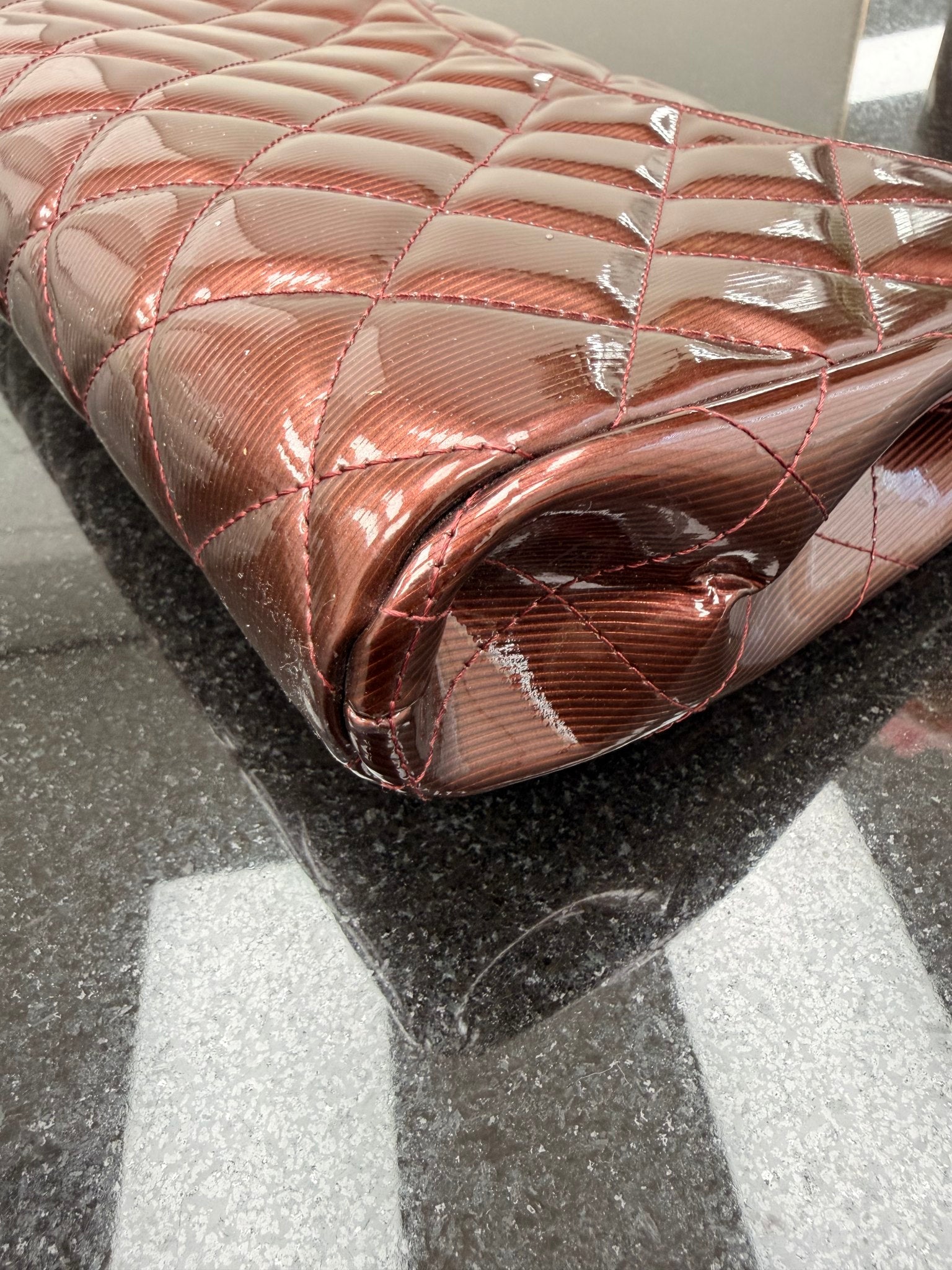 Chanel Burgundy Patent Leather Matelasse Clutch on a Chain