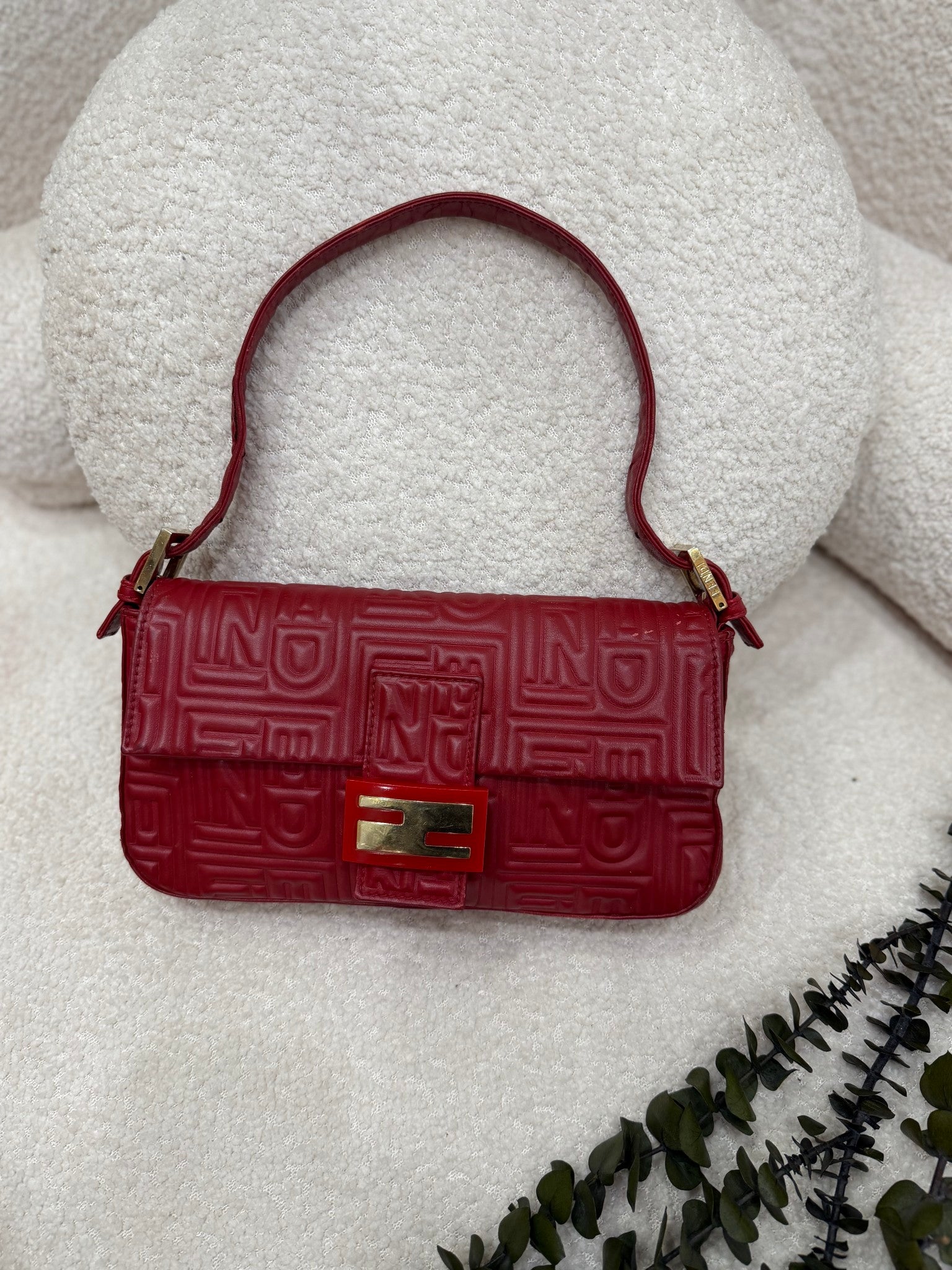 Fendi Red Embossed Leather Baguette